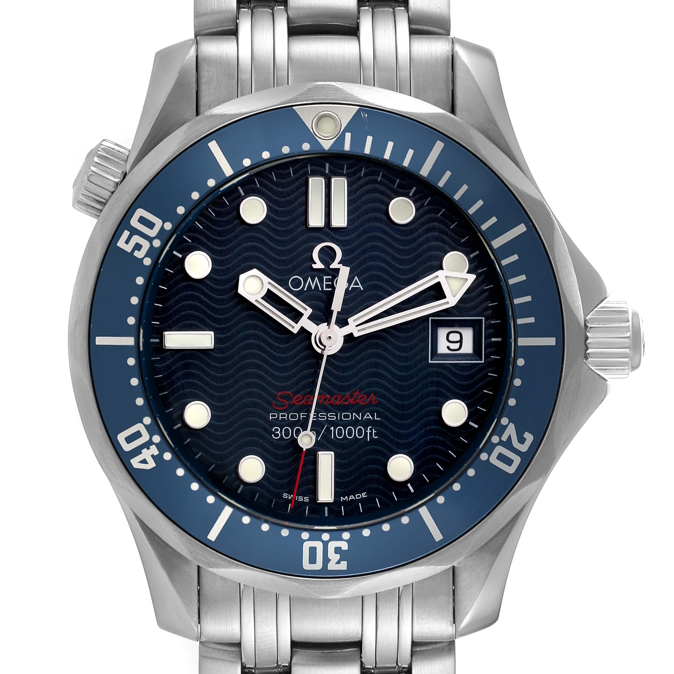The image shows a front view of the Omega Seamaster 2223.80.00 Men's Stainless Steel Blue Dial 2223.80.00 Men's Stainless Steel Blue Dial watch, highlighting the dial, bezel, hands, date window, and bracelet.