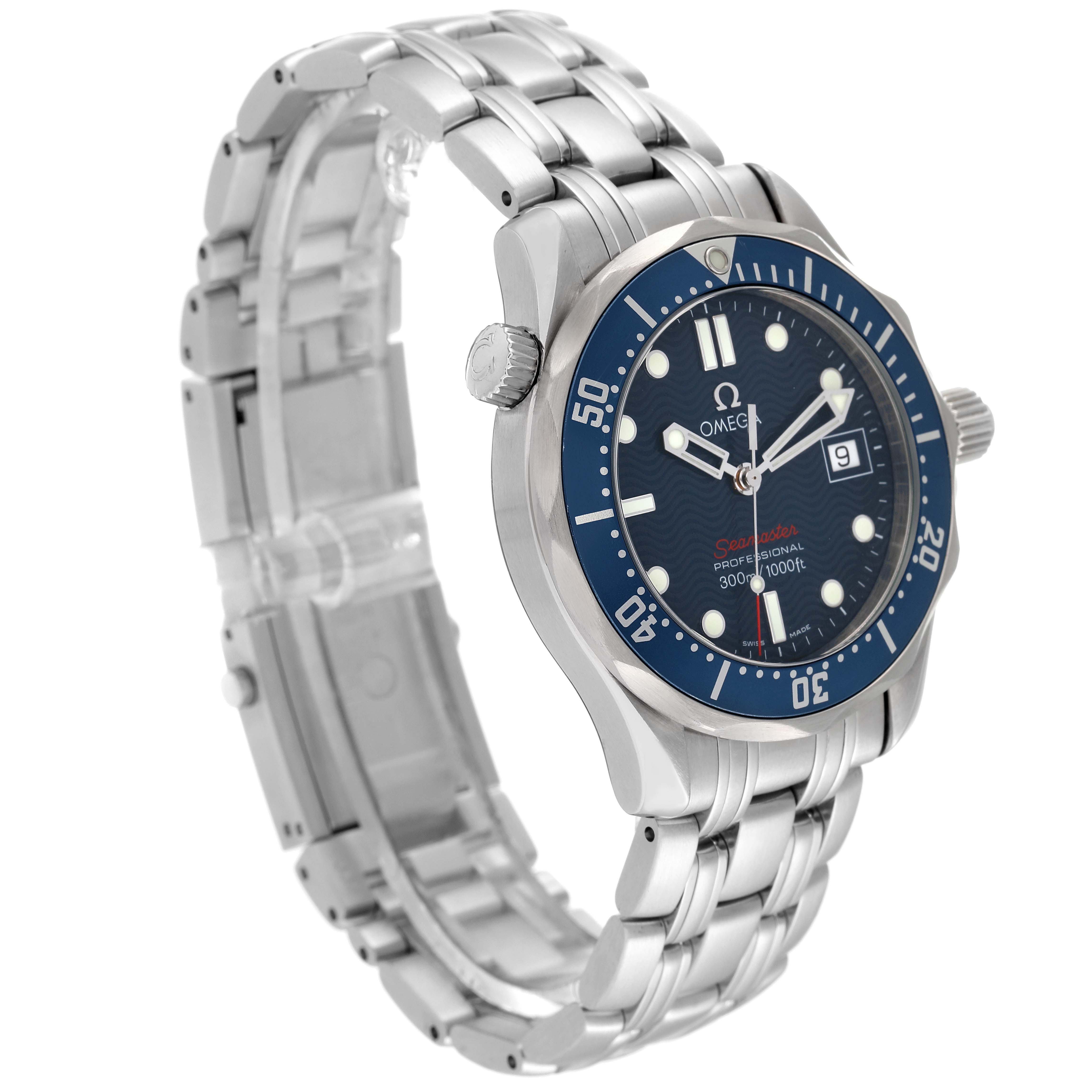 This image shows a side-angle view of the Omega Seamaster 2223.80.00 Men's Stainless Steel Blue Dial 2223.80.00 Men's Stainless Steel Blue Dial watch, highlighting the bracelet, bezel, dial, and crown.