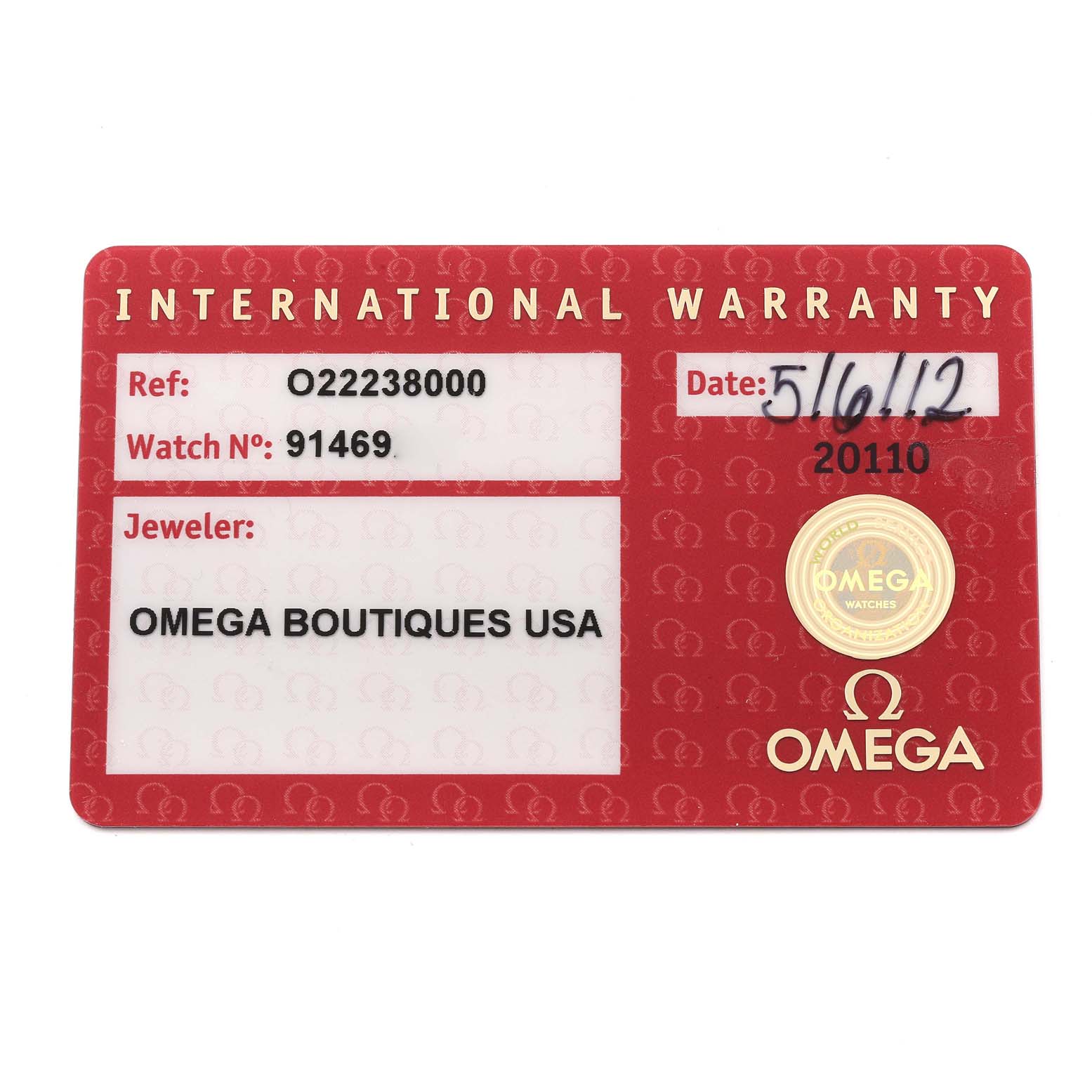 This image shows the international warranty card for an Omega Seamaster 2223.80.00 Men's Stainless Steel Blue Dial 2223.80.00 Men's Stainless Steel Blue Dial watch.