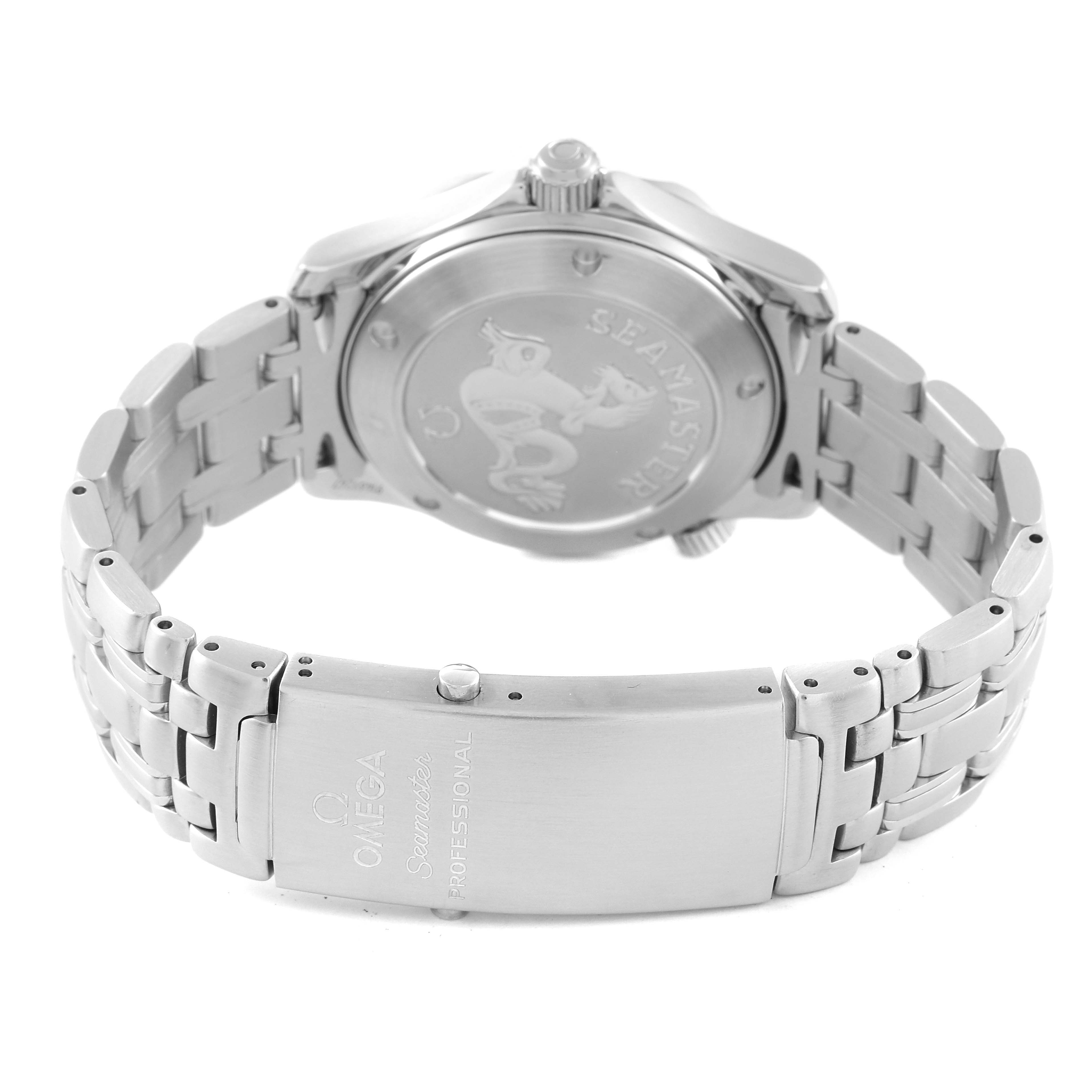 The image shows the back case and band of an Omega Seamaster 2223.80.00 Men's Stainless Steel Blue Dial 2223.80.00 Men's Stainless Steel Blue Dial watch, featuring the engraved back and clasp.