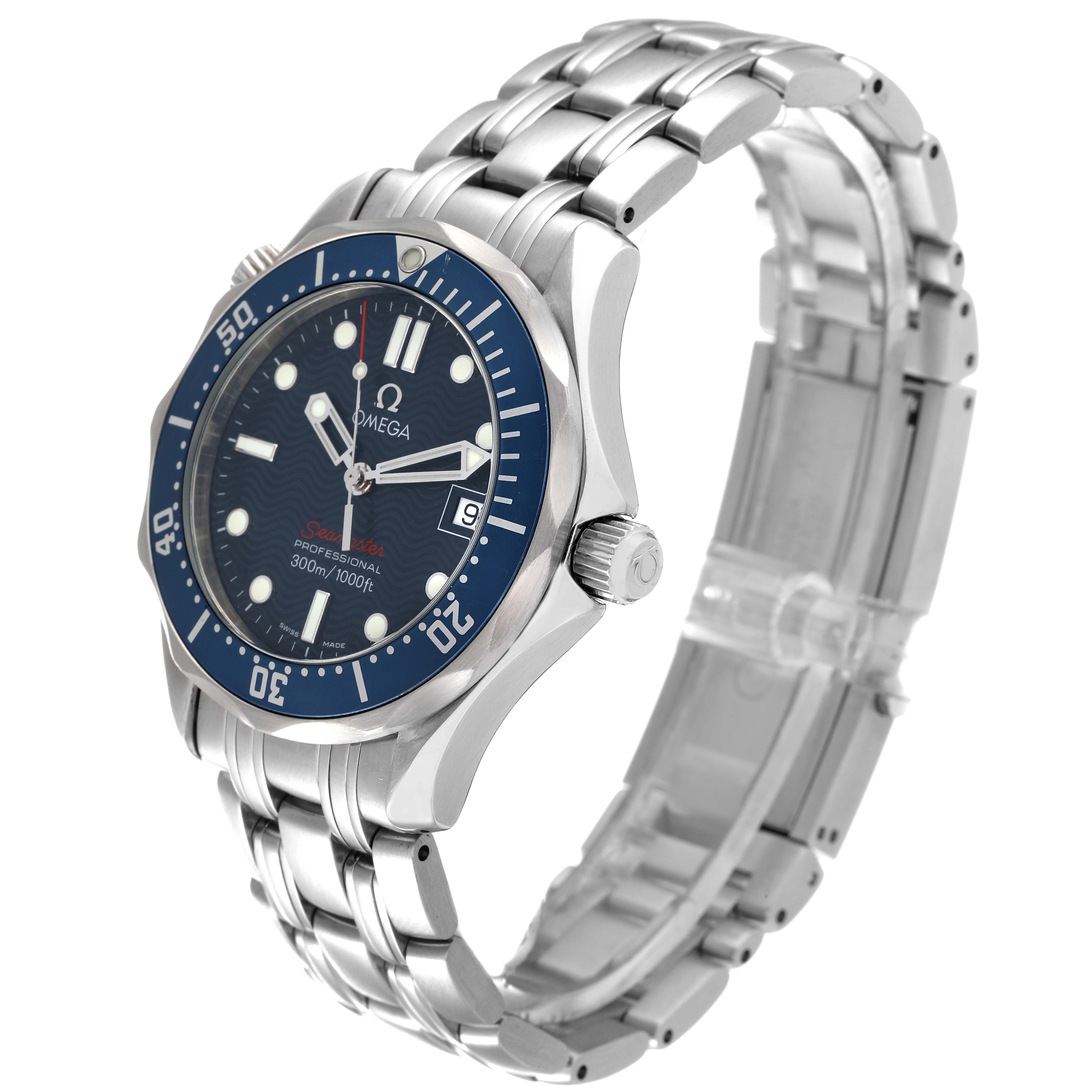 The Omega Seamaster 2223.80.00 Men's Stainless Steel Blue Dial 2223.80.00 Men's Stainless Steel Blue Dial watch is shown at an angle highlighting the face, crown, and stainless steel bracelet.