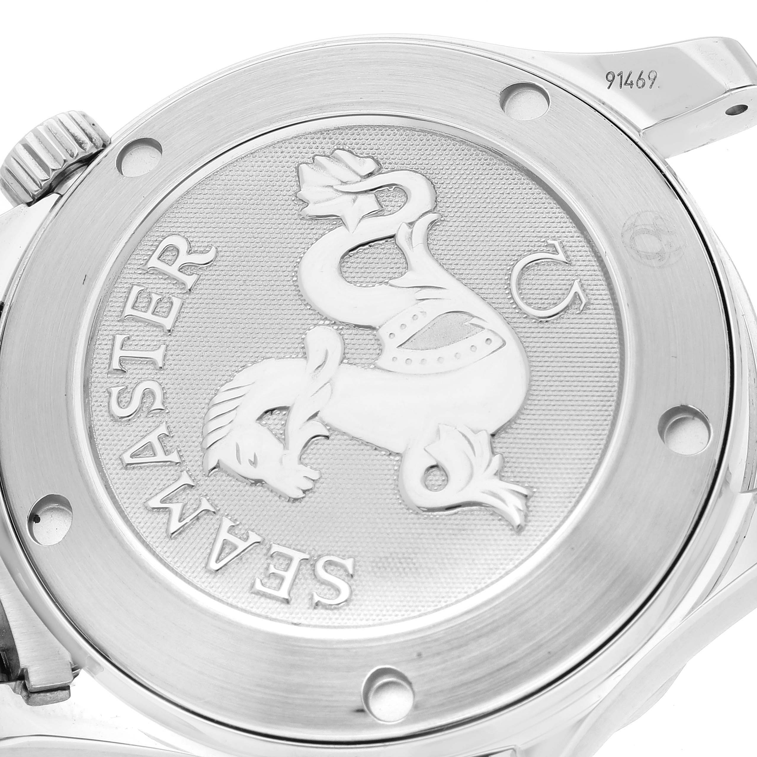 The image shows the case back of an Omega Seamaster 2223.80.00 Men's Stainless Steel Blue Dial 2223.80.00 Men's Stainless Steel Blue Dial watch, featuring the model's engraved logo.