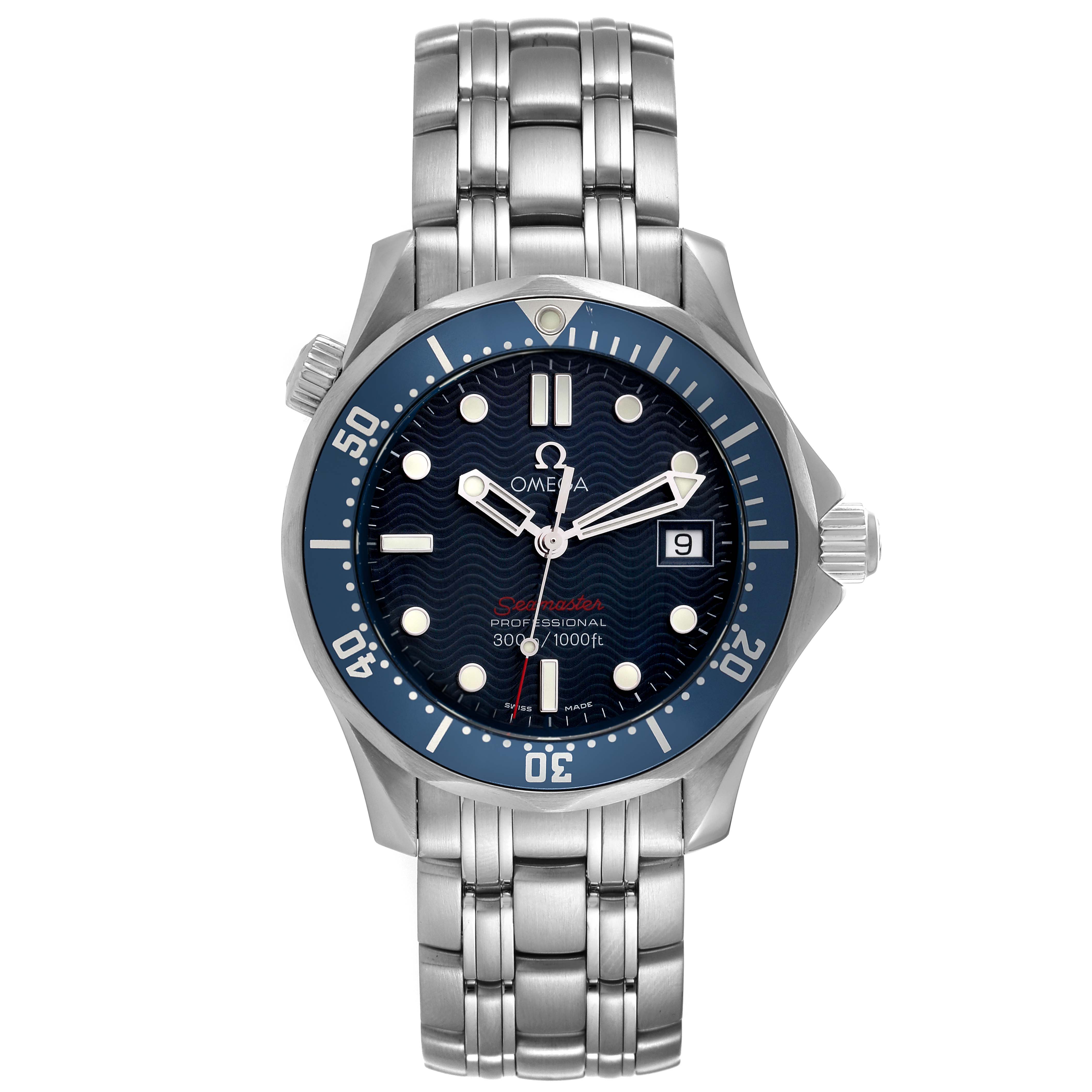 The image shows a front view of the Omega Seamaster 2223.80.00 Men's Stainless Steel Blue Dial 2223.80.00 Men's Stainless Steel Blue Dial watch, displaying its dial, hands, bezel, bracelet, and date window.
