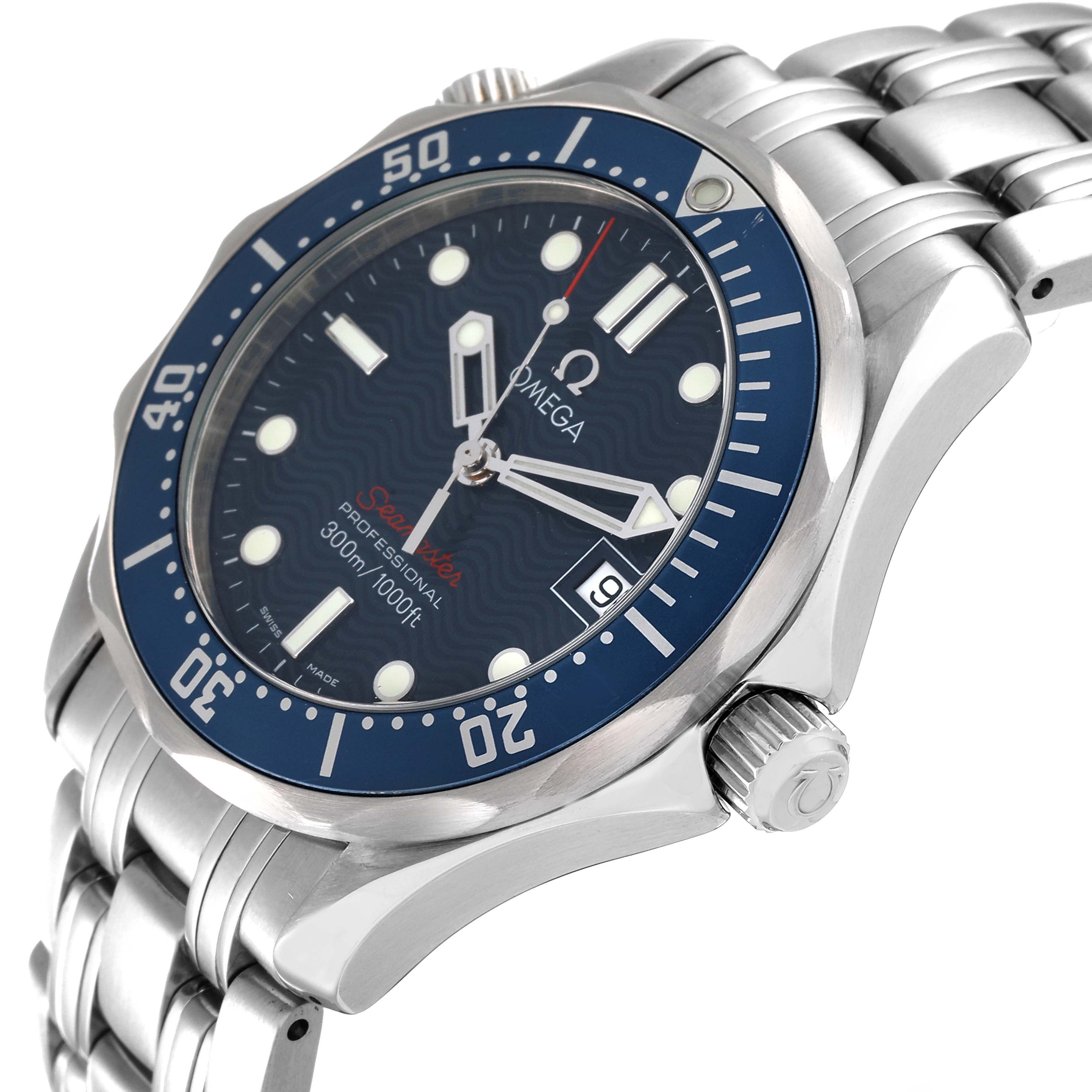 The image shows a side view of the Omega Seamaster 2223.80.00 Men's Stainless Steel Blue Dial 2223.80.00 Men's Stainless Steel Blue Dial watch, highlighting the dial, bezel, crown, and part of the bracelet.