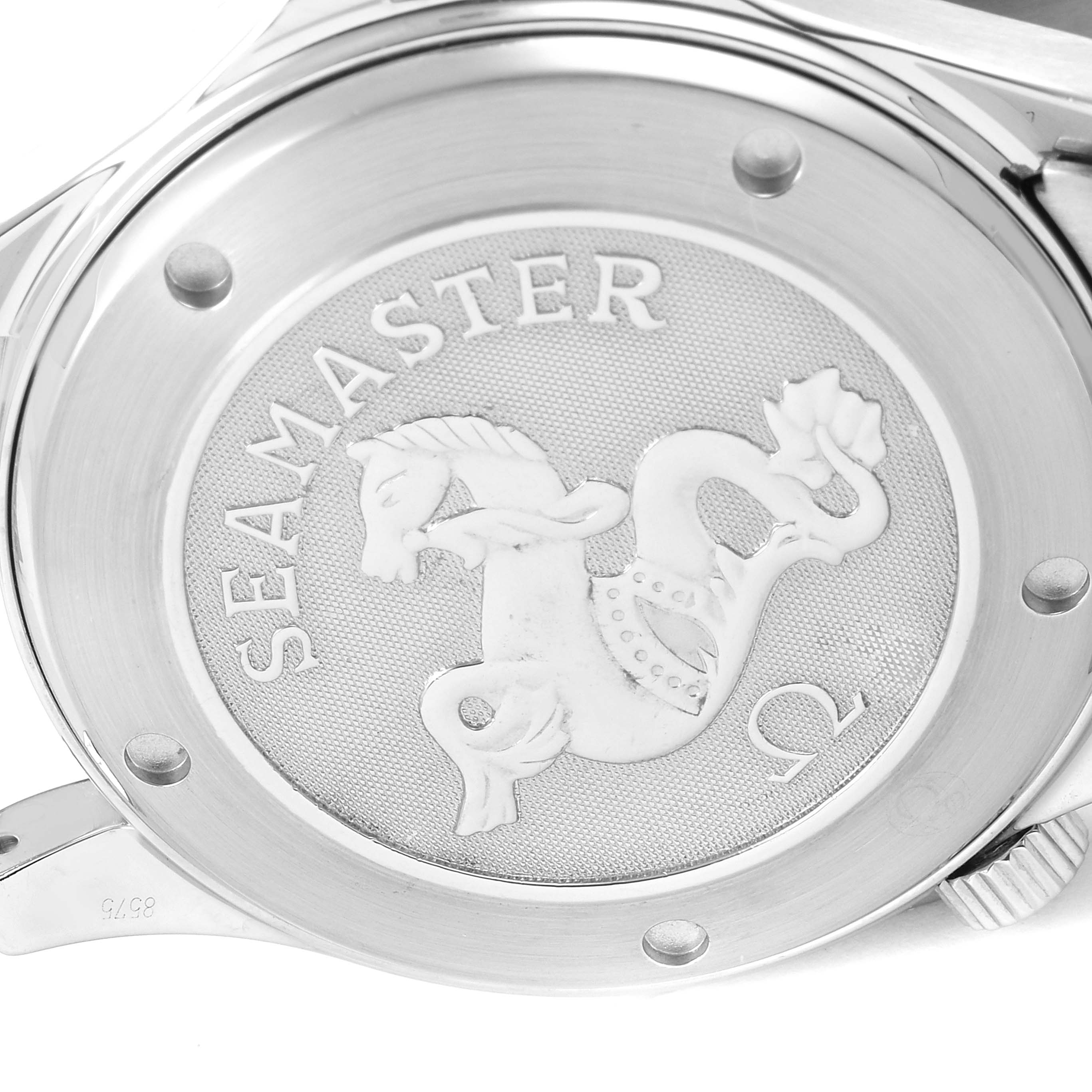 The image shows the case back of an Omega Seamaster 212.30.41.20.01.002 Men's Stainless Steel Black Dial 212.30.41.20.01.002 Men's Stainless Steel Black Dial watch with the model's embossed logo.