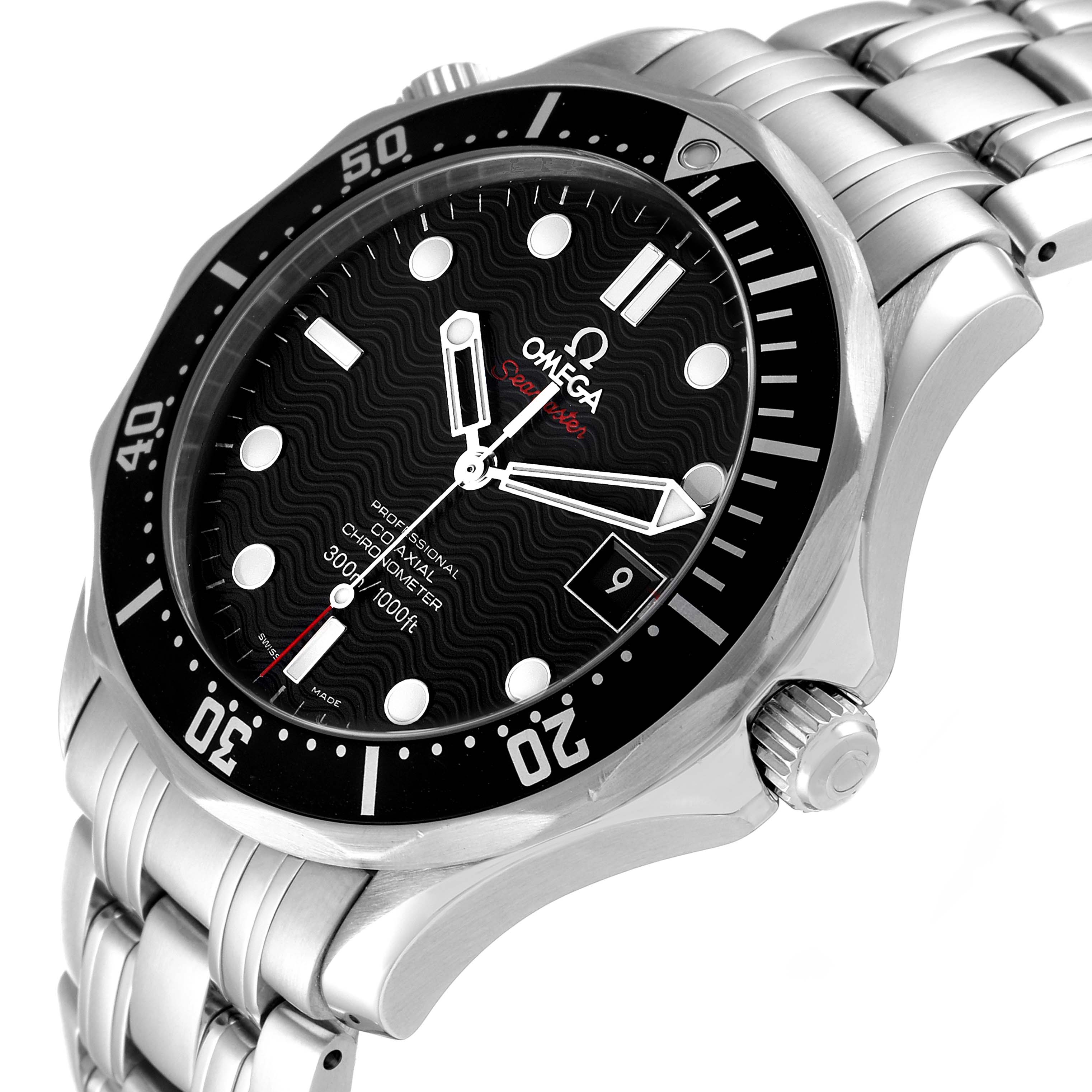 The image shows an angled view of an Omega Seamaster 212.30.41.20.01.002 Men's Stainless Steel Black Dial 212.30.41.20.01.002 Men's Stainless Steel Black Dial watch, focusing on the bezel, dial, and stainless steel bracelet.
