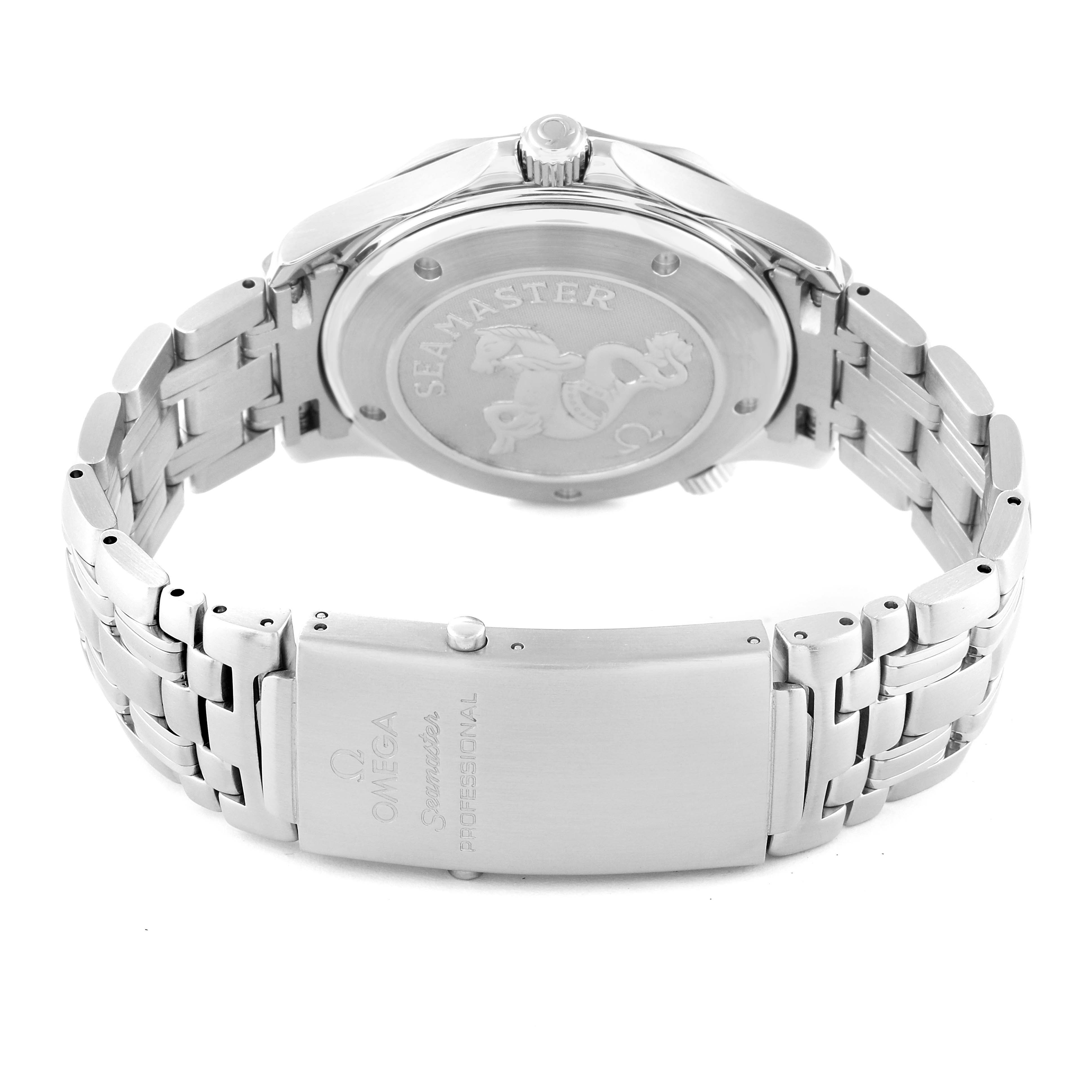 The image shows the back case and clasp of the Omega Seamaster 212.30.41.20.01.002 Men's Stainless Steel Black Dial 212.30.41.20.01.002 Men's Stainless Steel Black Dial watch, highlighting its stainless steel bracelet.