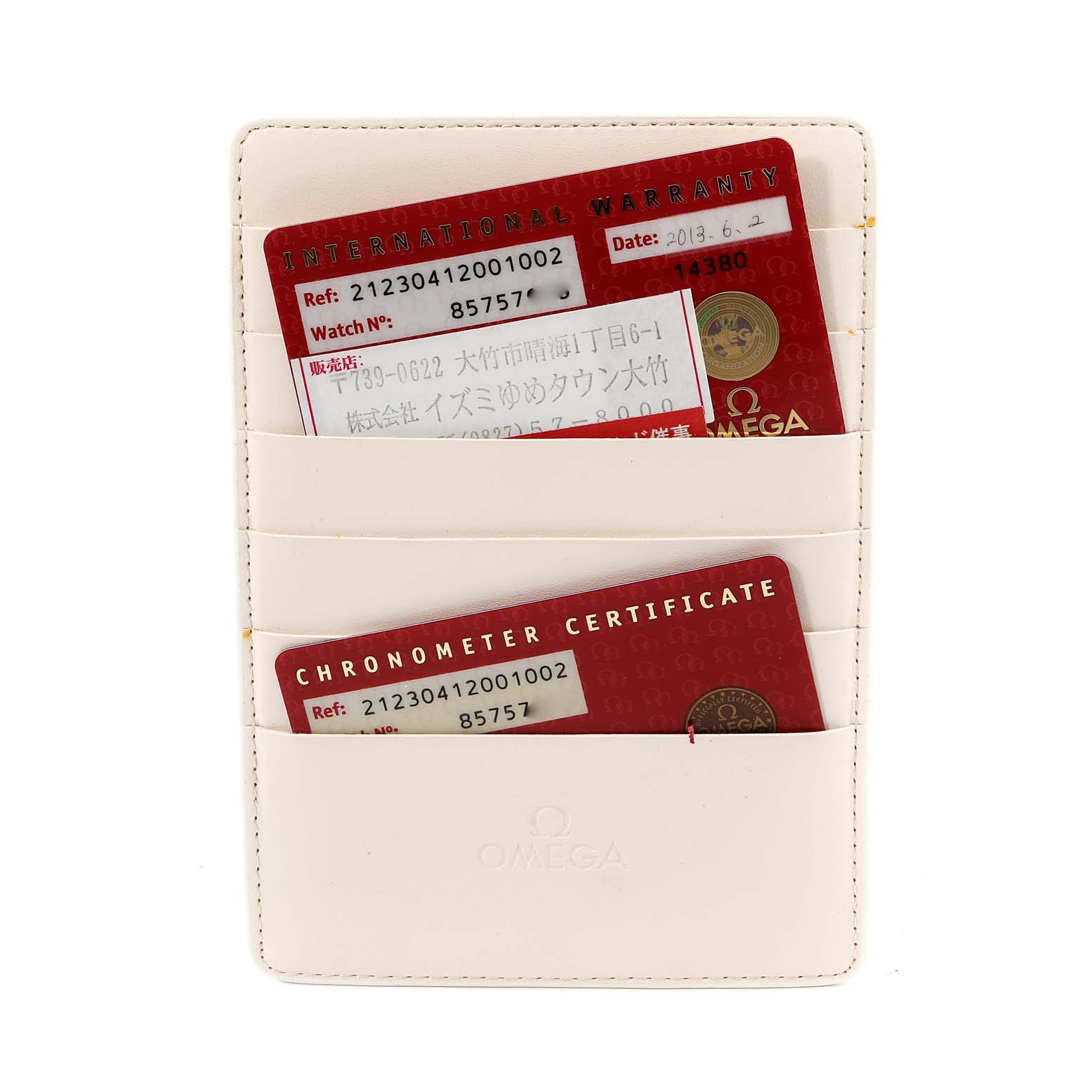 This image shows Omega Seamaster 212.30.41.20.01.002 Men's Stainless Steel Black Dial 212.30.41.20.01.002 Men's Stainless Steel Black Dial model warranty and chronometer certificate cards in a white cardholder.