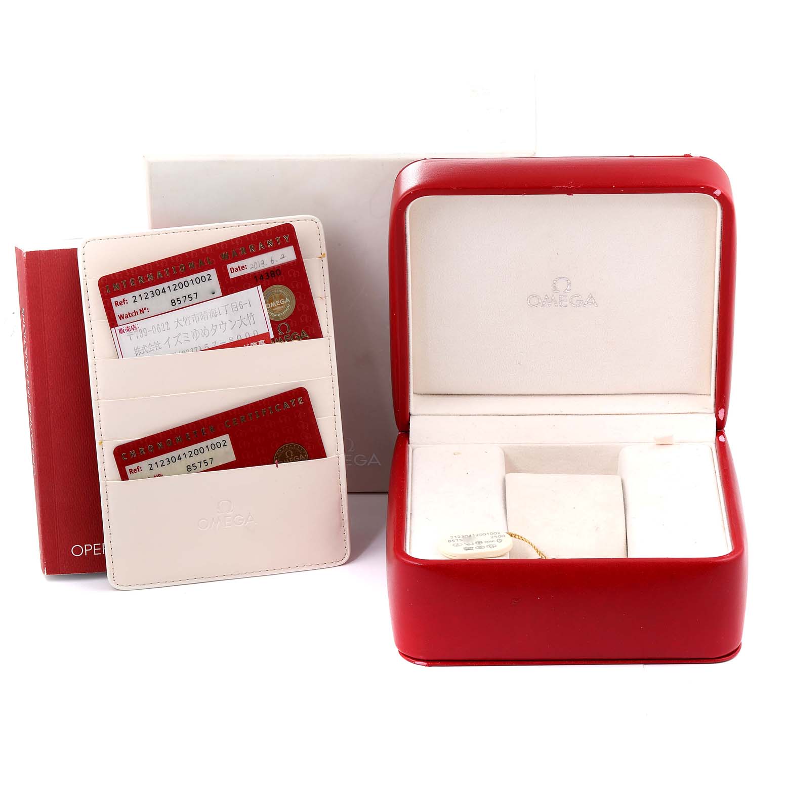 The image shows the accessories for an Omega Seamaster 212.30.41.20.01.002 Men's Stainless Steel Black Dial 212.30.41.20.01.002 Men's Stainless Steel Black Dial, including a red watch box, white cardholder, and warranty certificates.