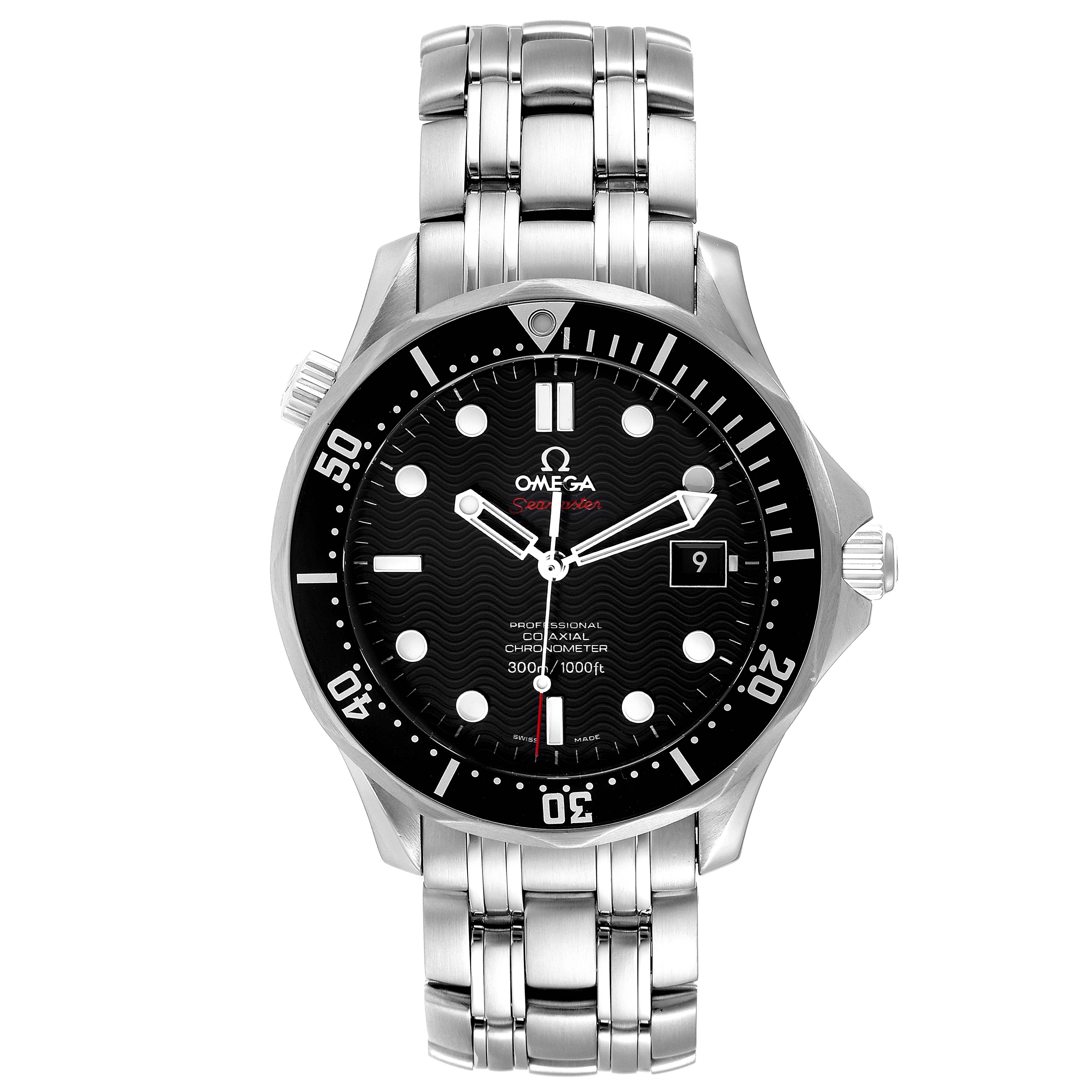 The image shows a front view of the Omega Seamaster 212.30.41.20.01.002 Men's Stainless Steel Black Dial 212.30.41.20.01.002 Men's Stainless Steel Black Dial watch displaying its face, bezel, and stainless steel bracelet.