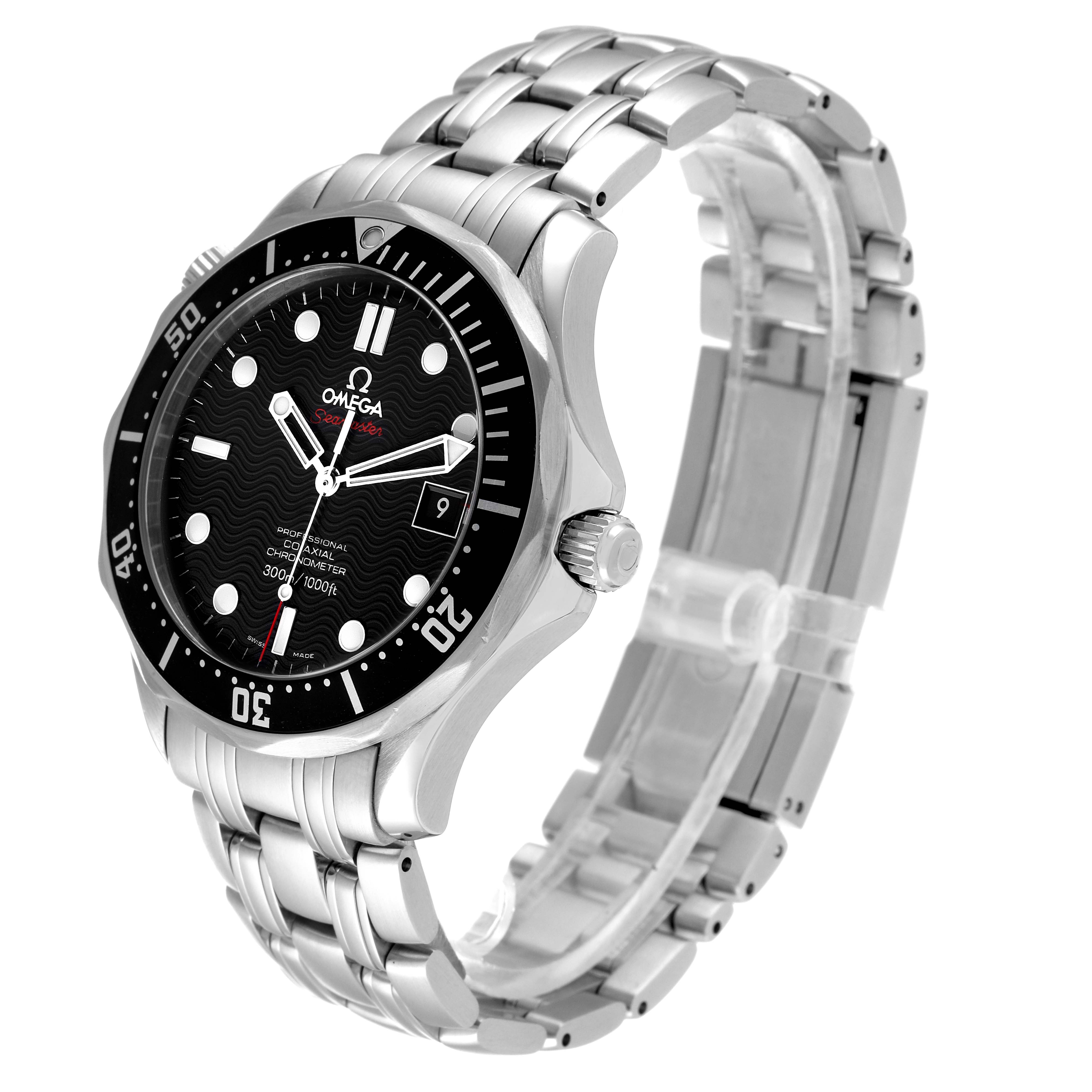 The image shows an Omega Seamaster 212.30.41.20.01.002 Men's Stainless Steel Black Dial 212.30.41.20.01.002 Men's Stainless Steel Black Dial watch at a three-quarter angle, revealing its face, bezel, crown, and metal bracelet.