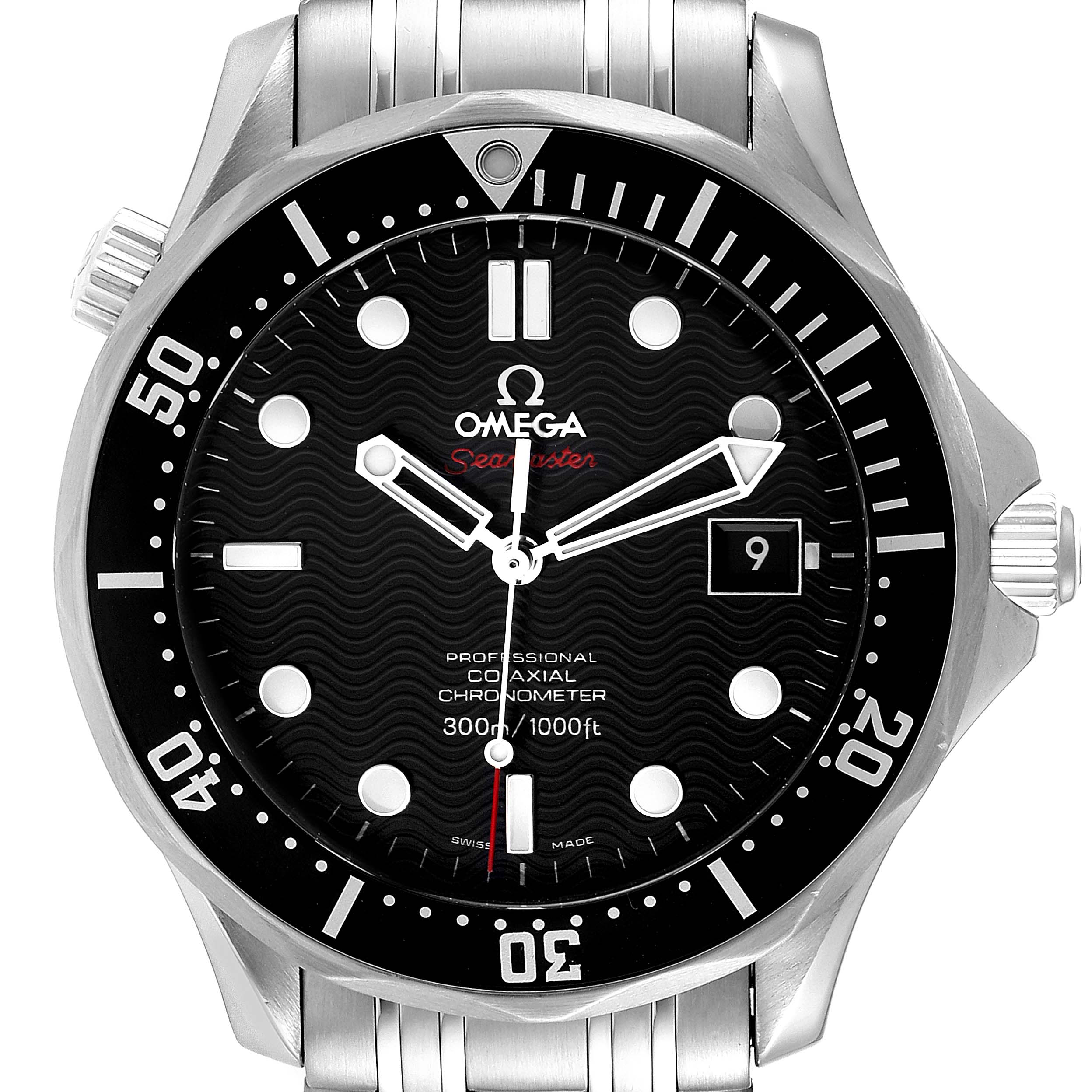 This Omega Seamaster 212.30.41.20.01.002 Men's Stainless Steel Black Dial 212.30.41.20.01.002 Men's Stainless Steel Black Dial model watch is shown from the front, displaying the dial, bezel, and bracelet.