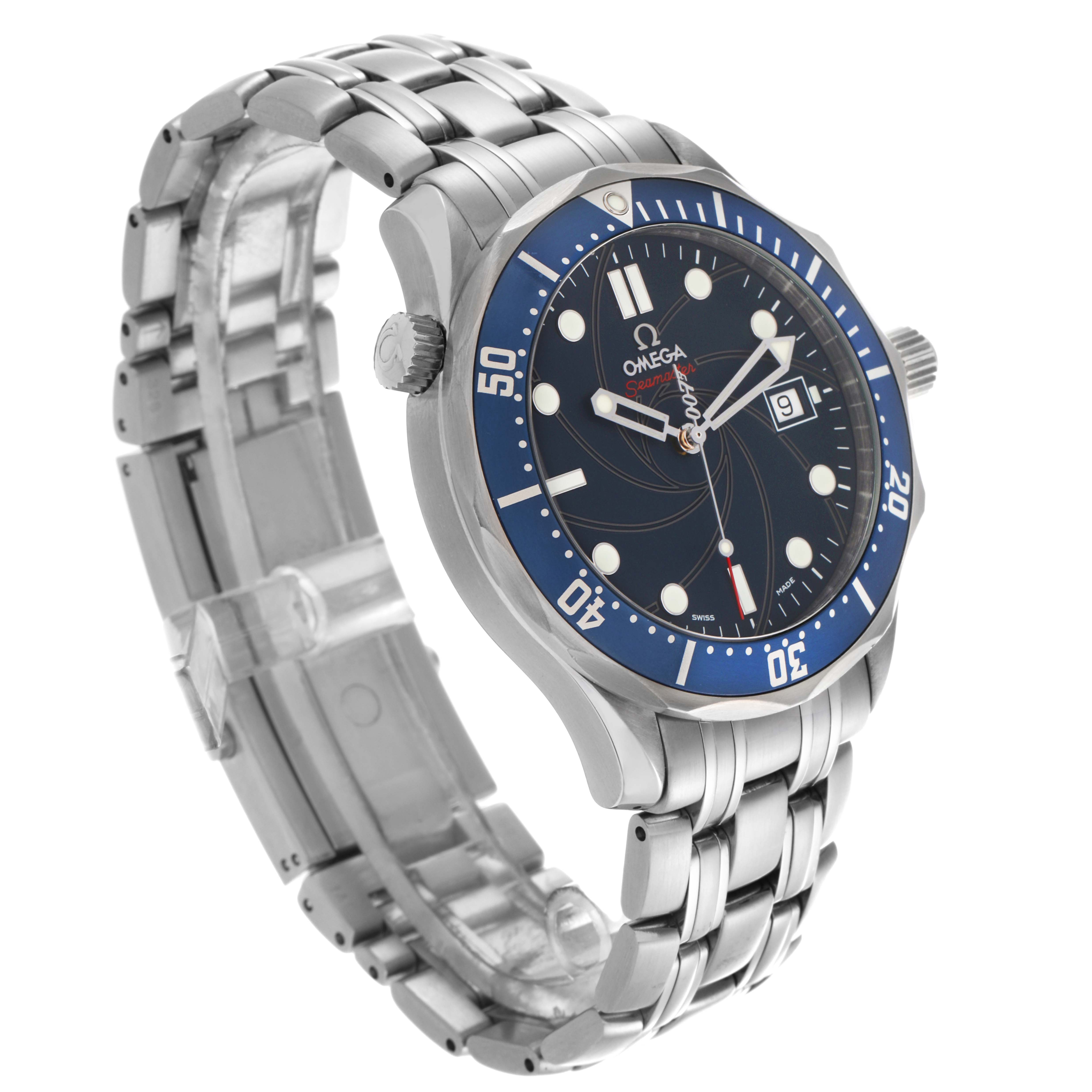 The Omega Seamaster 2226.80.00 Men
s Stainless Steel Blue Dial 2226.80.00 Men
s Stainless Steel Blue Dial watch is shown at a three-quarter angle, highlighting the face, bezel, crown, and metal bracelet.