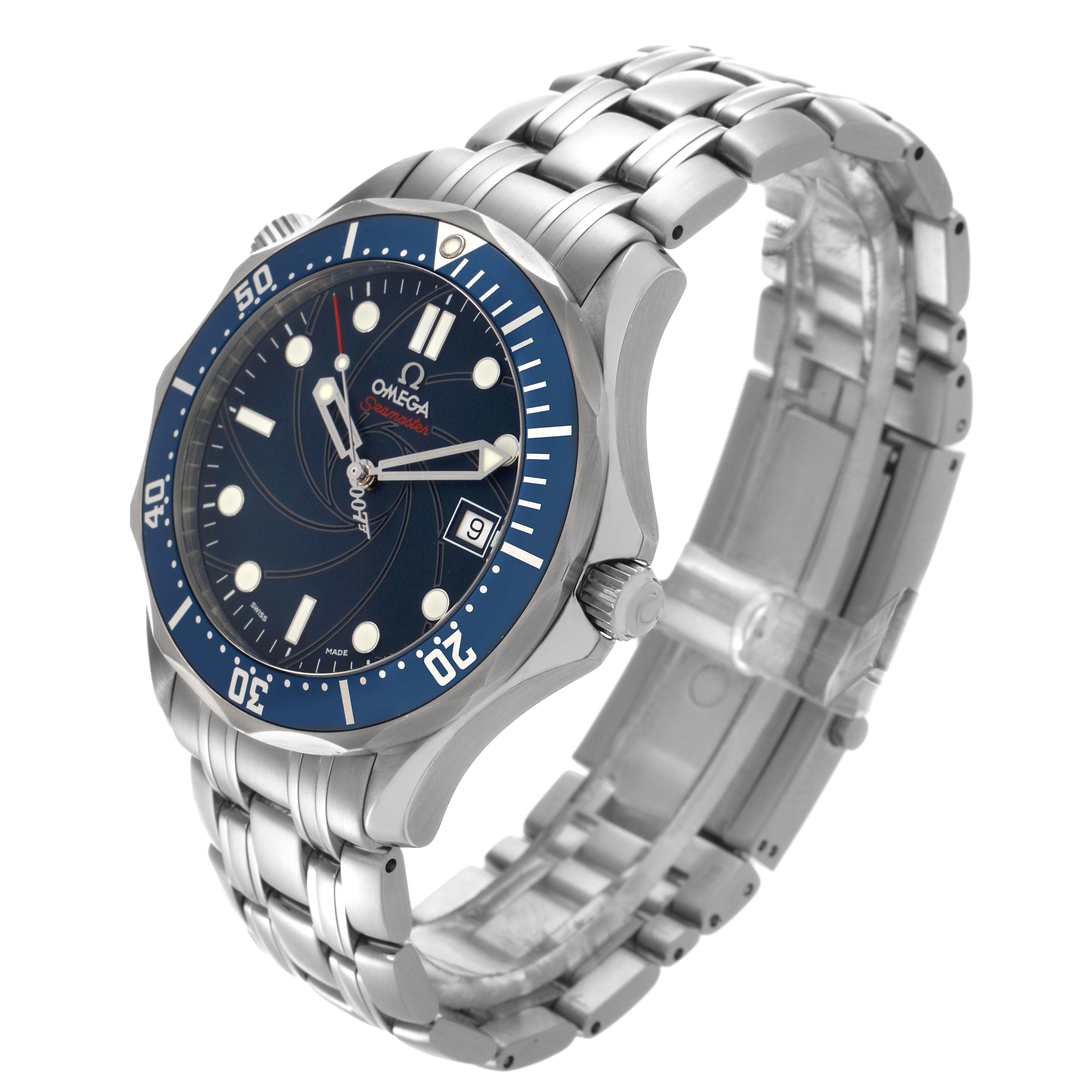 The image shows an Omega Seamaster 2226.80.00 Men
s Stainless Steel Blue Dial 2226.80.00 Men
s Stainless Steel Blue Dial watch at an angled view, highlighting the face, bezel, and metal bracelet.