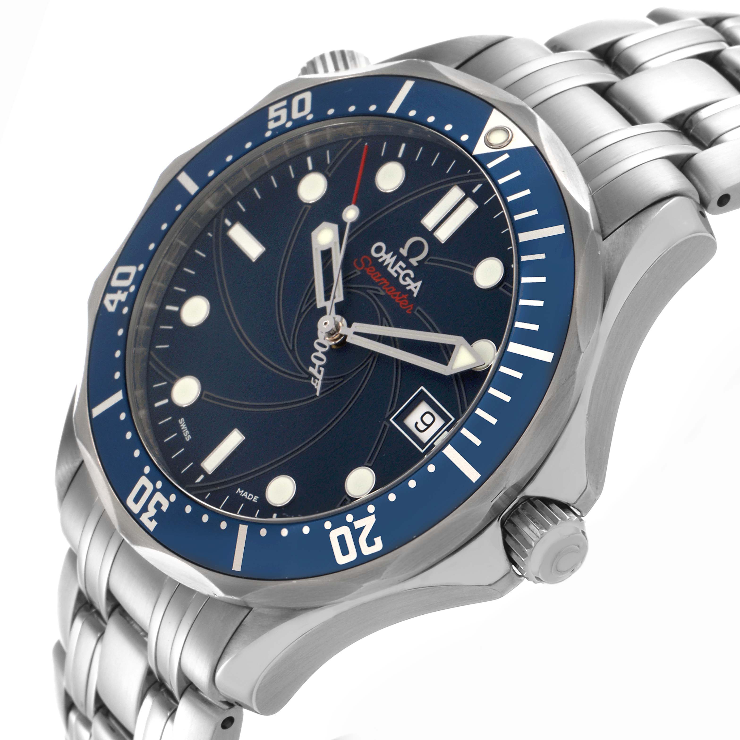 The Omega Seamaster 2226.80.00 Men
s Stainless Steel Blue Dial 2226.80.00 Men
s Stainless Steel Blue Dial watch is shown at a slight angle highlighting the face, bezel, crown, and metal bracelet.