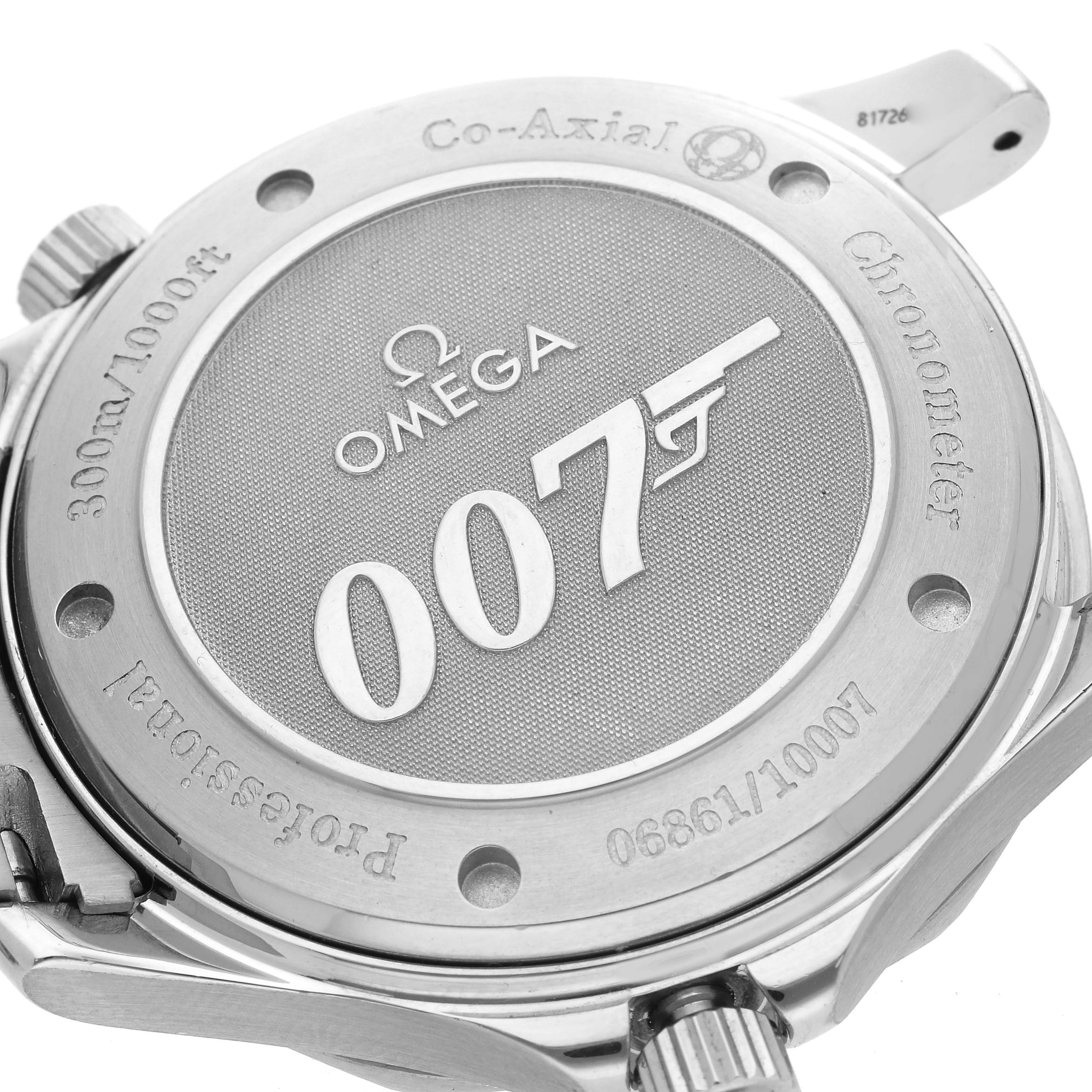 The image shows the case back of an Omega Seamaster 2226.80.00 Men
s Stainless Steel Blue Dial 2226.80.00 Men
s Stainless Steel Blue Dial, featuring "007" branding and engravings on a silver finish.