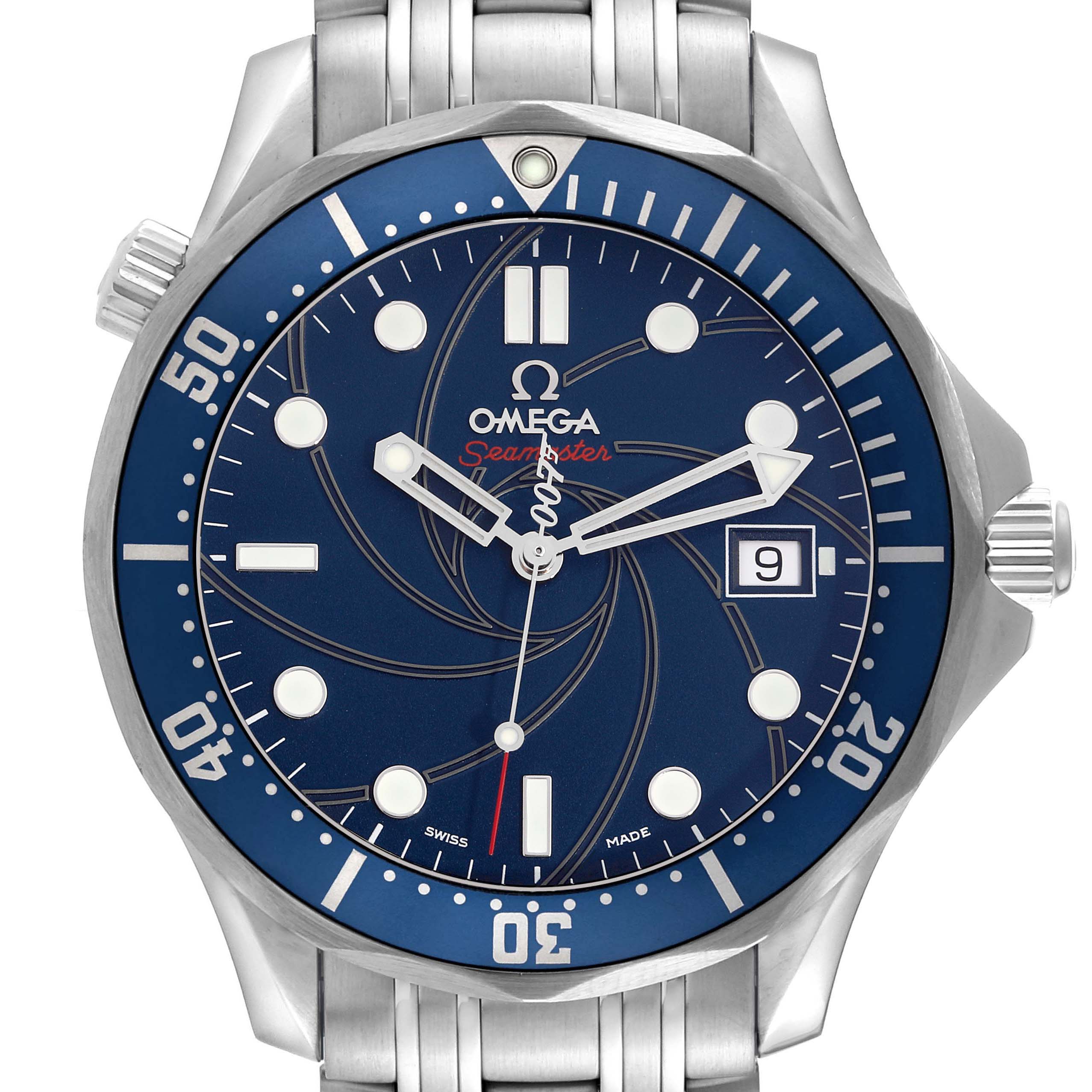 The Omega Seamaster 2226.80.00 Men
s Stainless Steel Blue Dial 2226.80.00 Men
s Stainless Steel Blue Dial watch is shown from the front, highlighting the dial, bezel, and part of the bracelet.