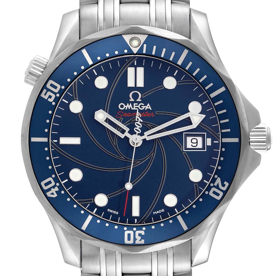 The Omega Seamaster watch is shown from the front, highlighting the dial, bezel, and part of the bracelet.