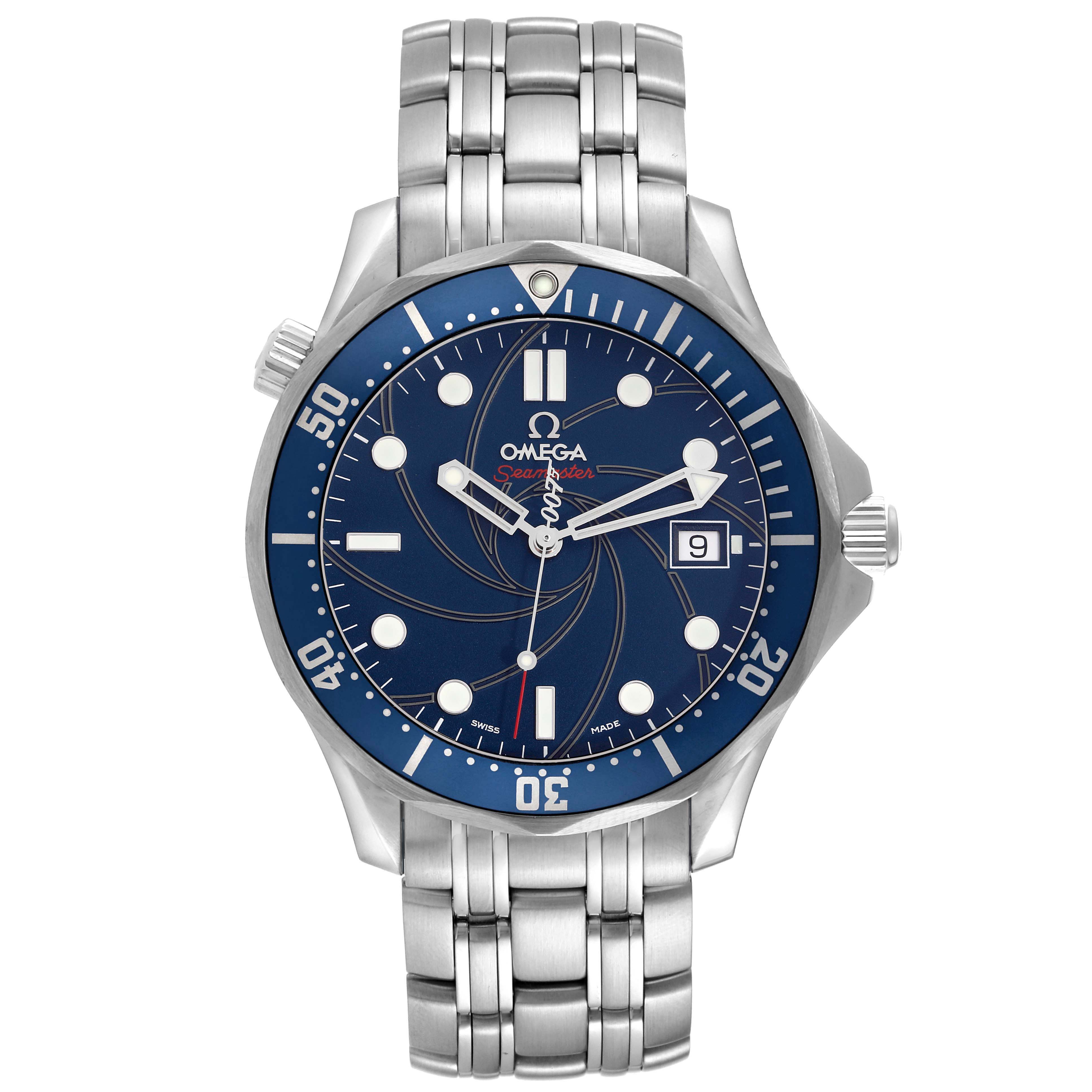 The Omega Seamaster 2226.80.00 Men
s Stainless Steel Blue Dial 2226.80.00 Men
s Stainless Steel Blue Dial model watch is shown from a front view, displaying its face, bezel, and stainless steel bracelet.