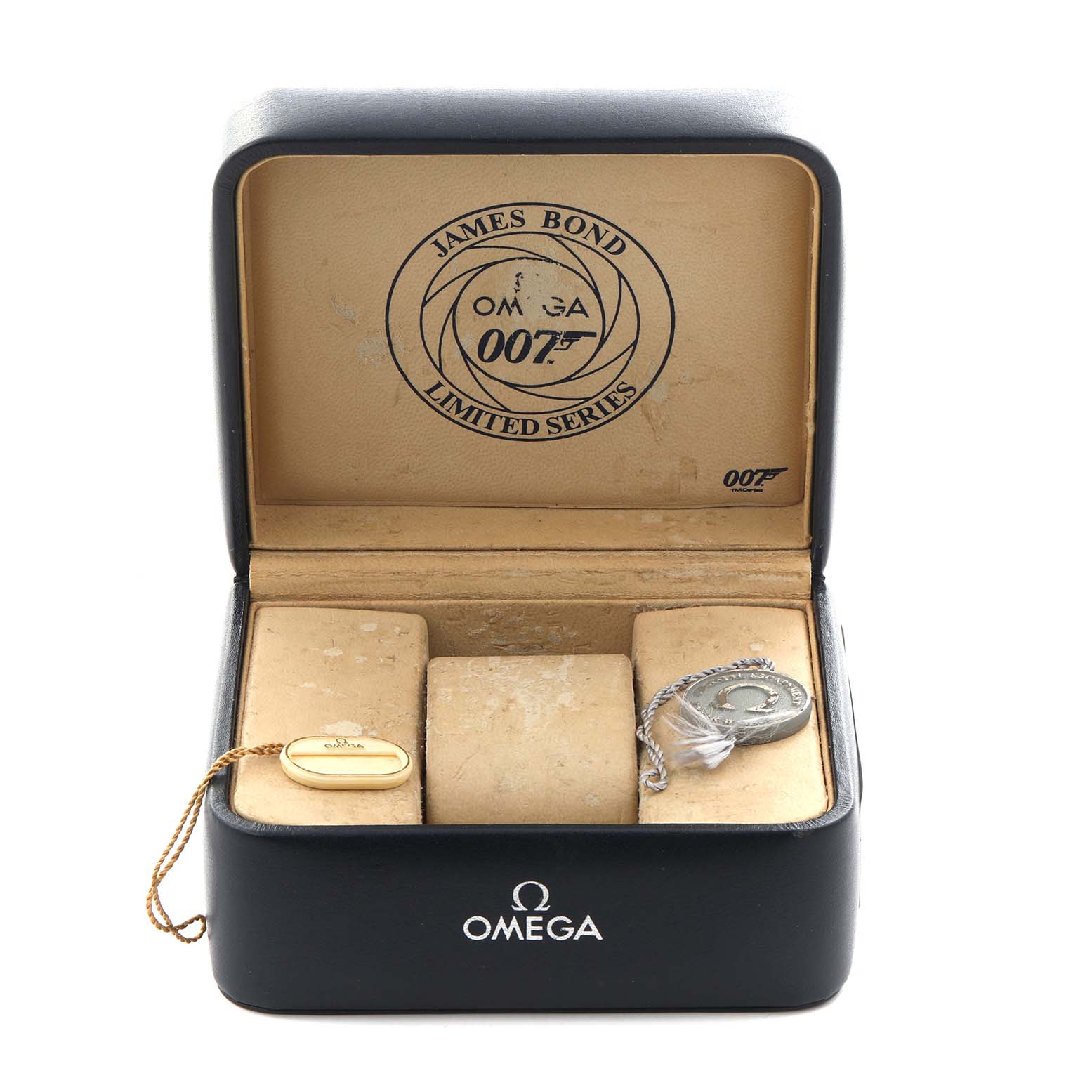 The image shows an Omega Seamaster 2226.80.00 Men
s Stainless Steel Blue Dial 2226.80.00 Men
s Stainless Steel Blue Dial watch in an open box, revealing the interior label "James Bond Limited Series" and accessories.