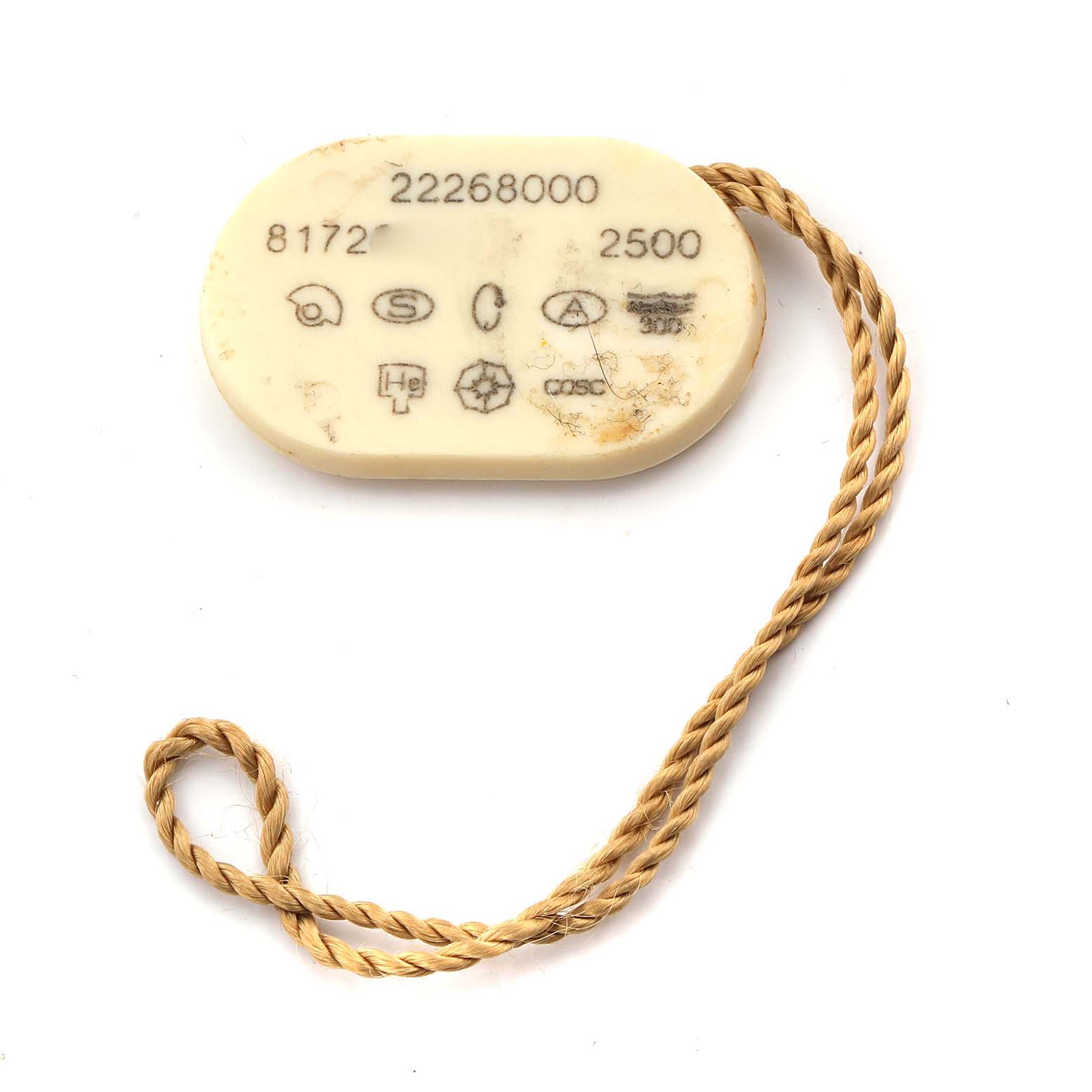 The image shows a hang tag for an Omega Seamaster 2226.80.00 Men
s Stainless Steel Blue Dial 2226.80.00 Men
s Stainless Steel Blue Dial model, displaying reference numbers and various certification symbols.