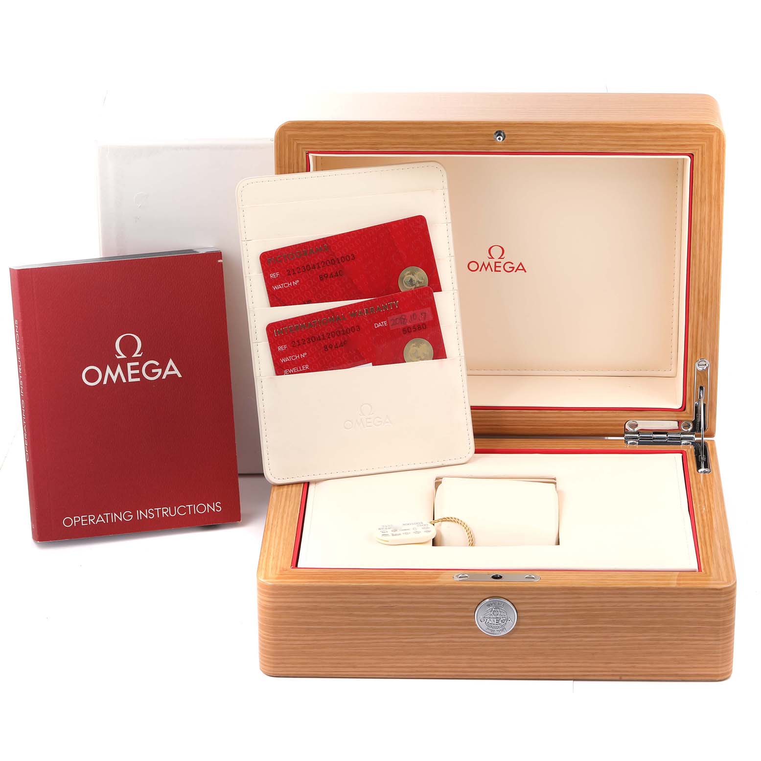 The image shows the accessories for the Omega Seamaster 212.30.41.20.01.003 Men's Stainless Steel Black Dial 212.30.41.20.01.003 Men's Stainless Steel Black Dial watch including a wooden box, operating instructions, and warranty cards.