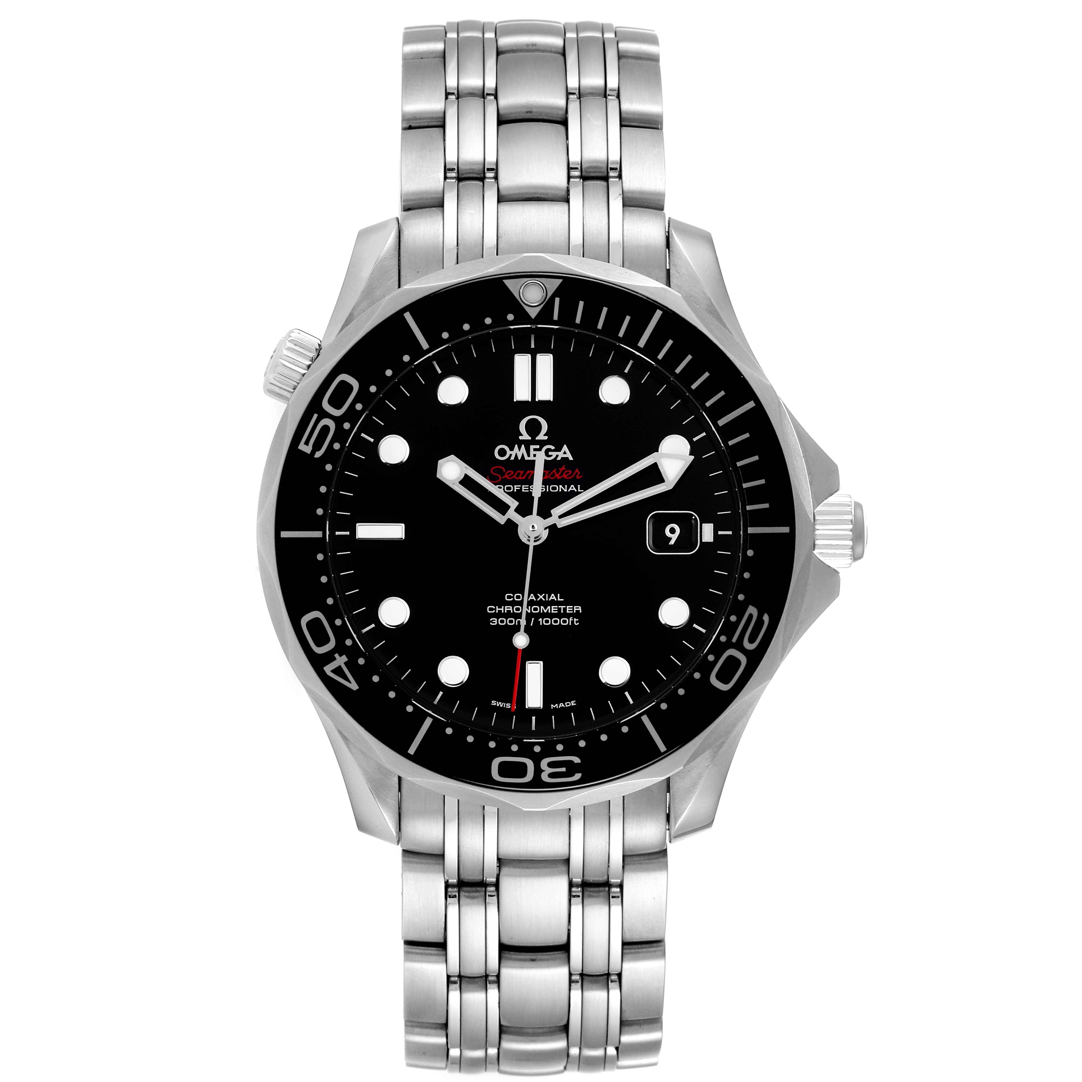 The Omega Seamaster 212.30.41.20.01.003 Men's Stainless Steel Black Dial 212.30.41.20.01.003 Men's Stainless Steel Black Dial watch is shown from the front angle displaying its dial, bezel, and metal bracelet.