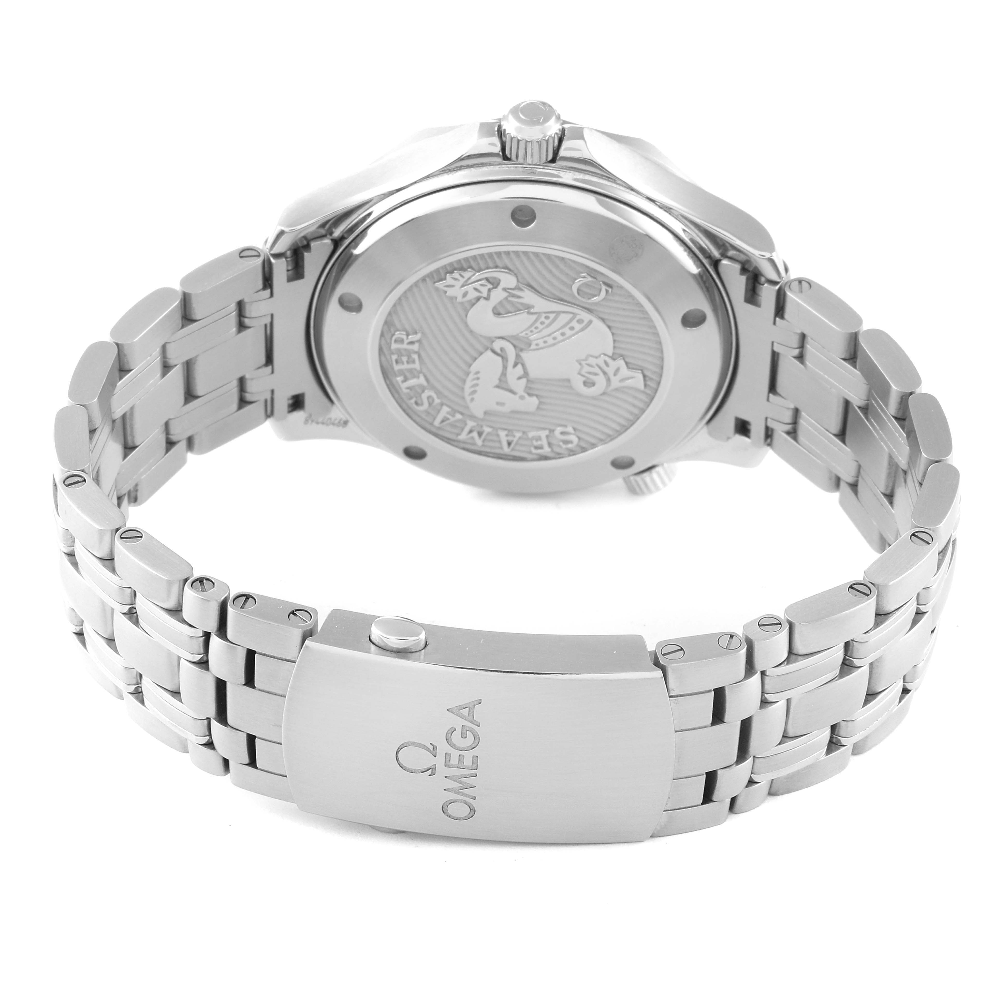 This image shows the back and bracelet of the Omega Seamaster 212.30.41.20.01.003 Men's Stainless Steel Black Dial 212.30.41.20.01.003 Men's Stainless Steel Black Dial watch from a slightly elevated angle.