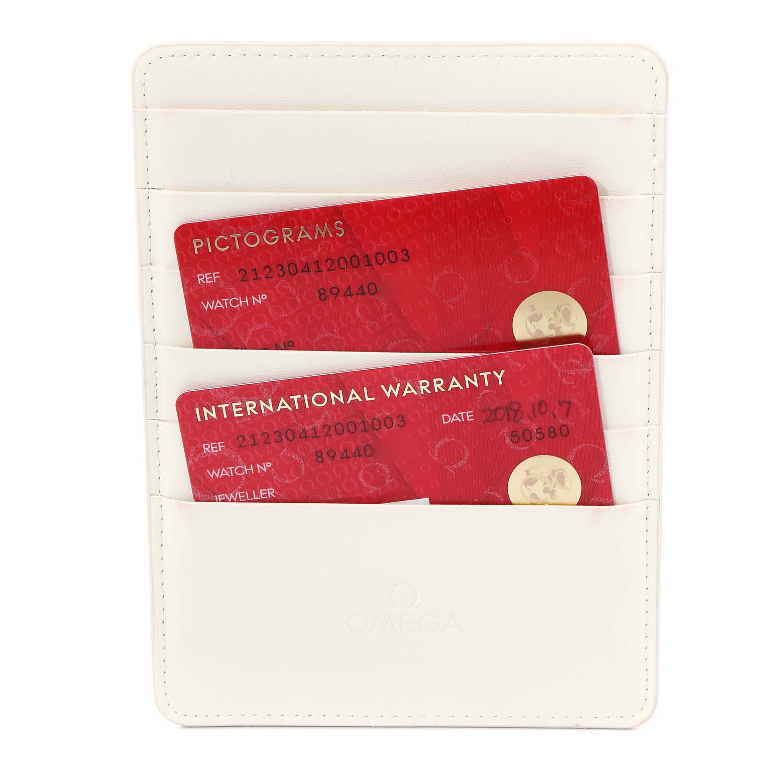 The image shows an international warranty card and a pictogram card for the Omega Seamaster 212.30.41.20.01.003 Men's Stainless Steel Black Dial 212.30.41.20.01.003 Men's Stainless Steel Black Dial model.