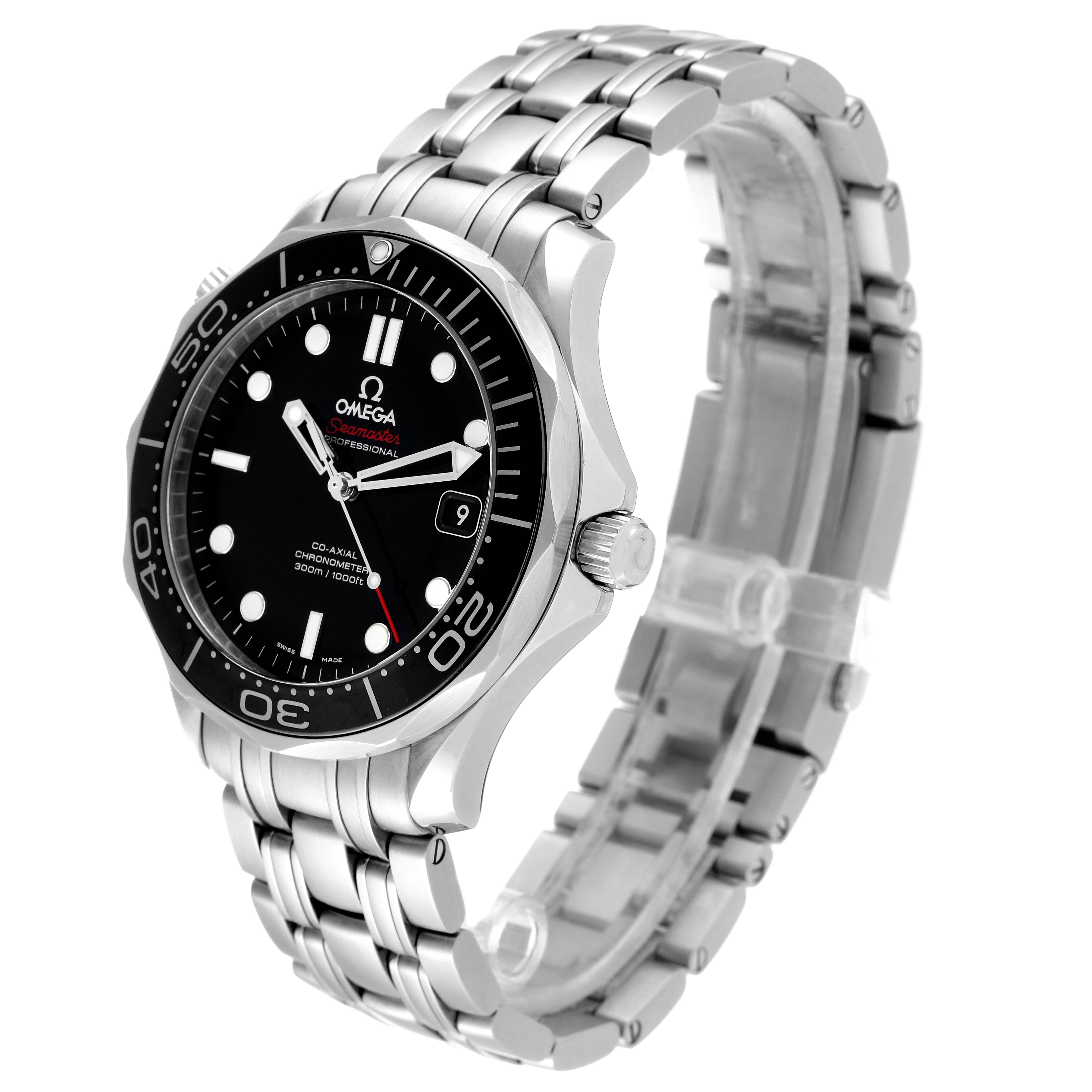 The Omega Seamaster 212.30.41.20.01.003 Men's Stainless Steel Black Dial 212.30.41.20.01.003 Men's Stainless Steel Black Dial watch is angled to show its face, bezel, crown, and stainless steel bracelet.
