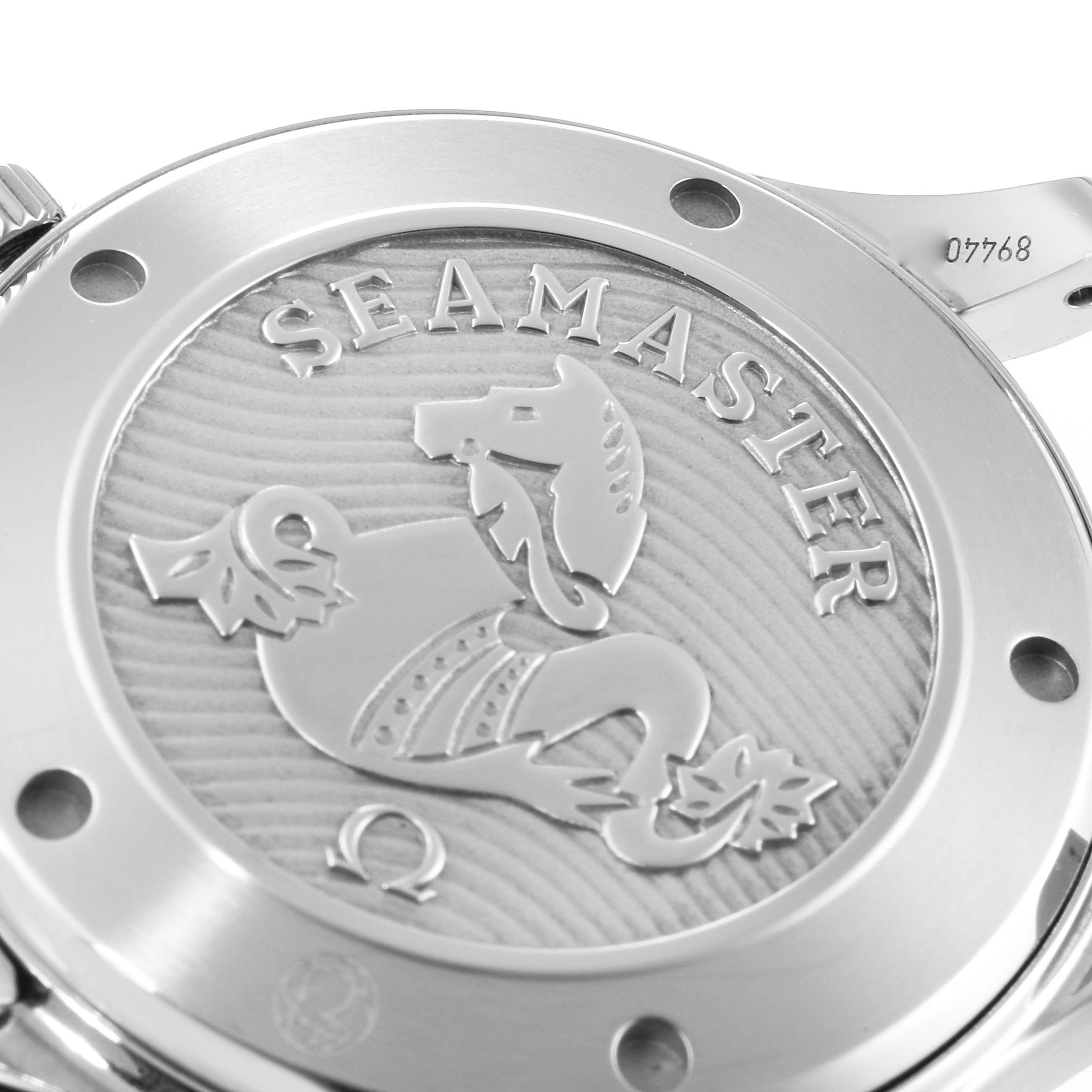 The image shows the case back of an Omega Seamaster 212.30.41.20.01.003 Men's Stainless Steel Black Dial 212.30.41.20.01.003 Men's Stainless Steel Black Dial watch, highlighting the engraved logo and model name.