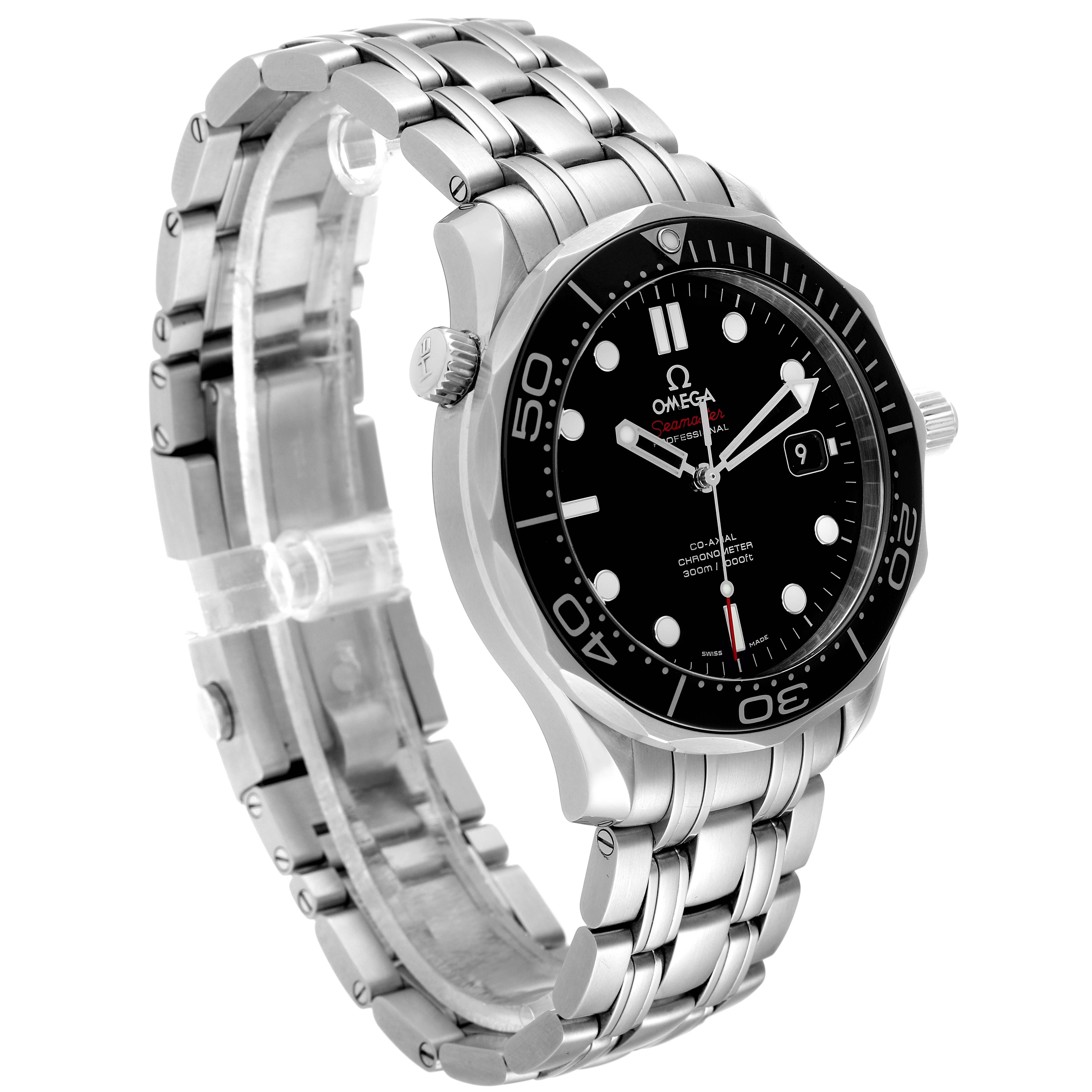 The image shows an Omega Seamaster 212.30.41.20.01.003 Men's Stainless Steel Black Dial 212.30.41.20.01.003 Men's Stainless Steel Black Dial watch from a side angle, highlighting its stainless steel band and black dial.