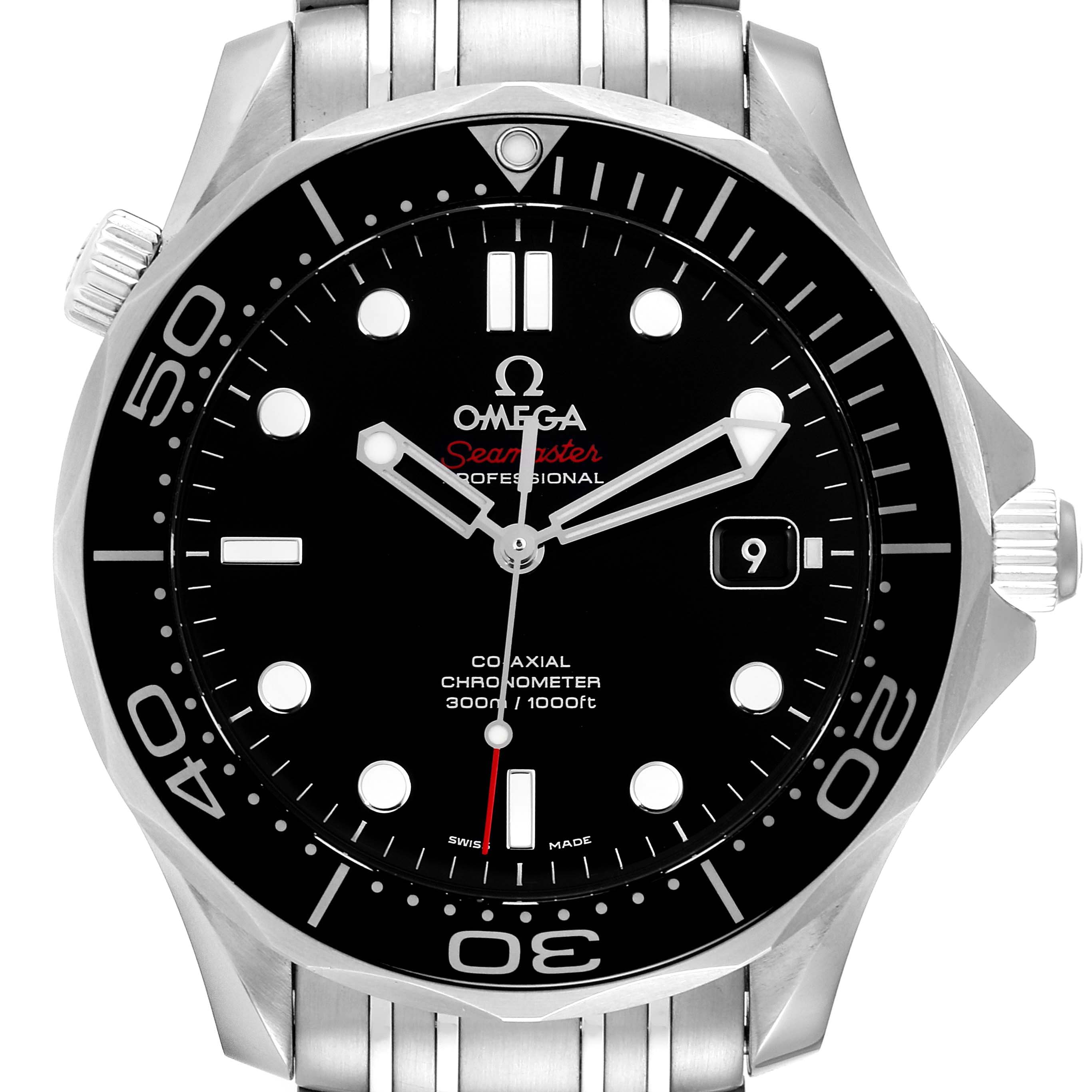 The Omega Seamaster 212.30.41.20.01.003 Men's Stainless Steel Black Dial 212.30.41.20.01.003 Men's Stainless Steel Black Dial watch is shown from the front, highlighting the dial, bezel, and part of the stainless steel bracelet.
