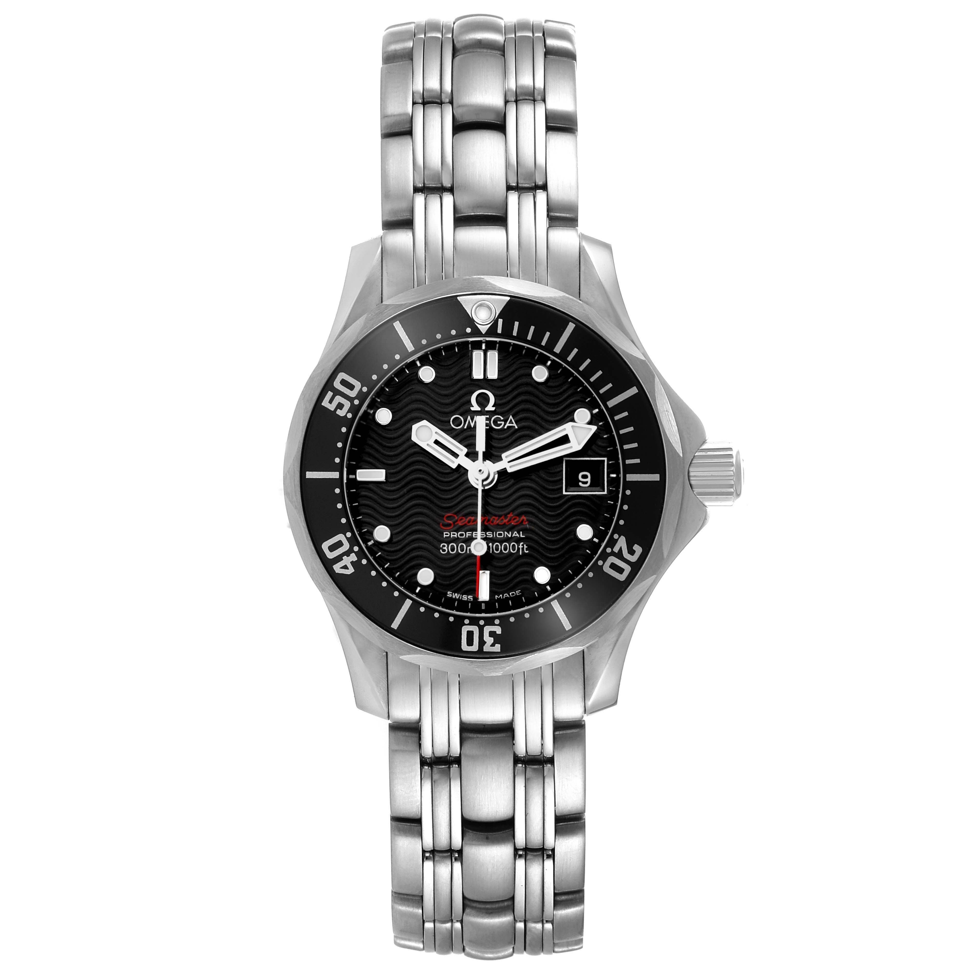 The Omega 212.30.28.61.01.001 Women's Stainless Steel Black Dial 212.30.28.61.01.001 Women's Stainless Steel Black Dial Seamaster Diver 300M 28 Quartz Ladies Watch is shown from the front, highlighting the dial and bracelet.