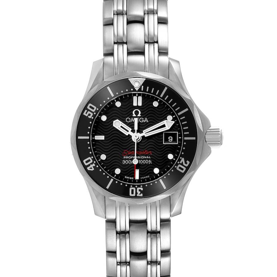 The Omega Seamaster Diver 300M 28 Quartz Ladies Watch is shown from the front, highlighting the dial, bezel, and bracelet.