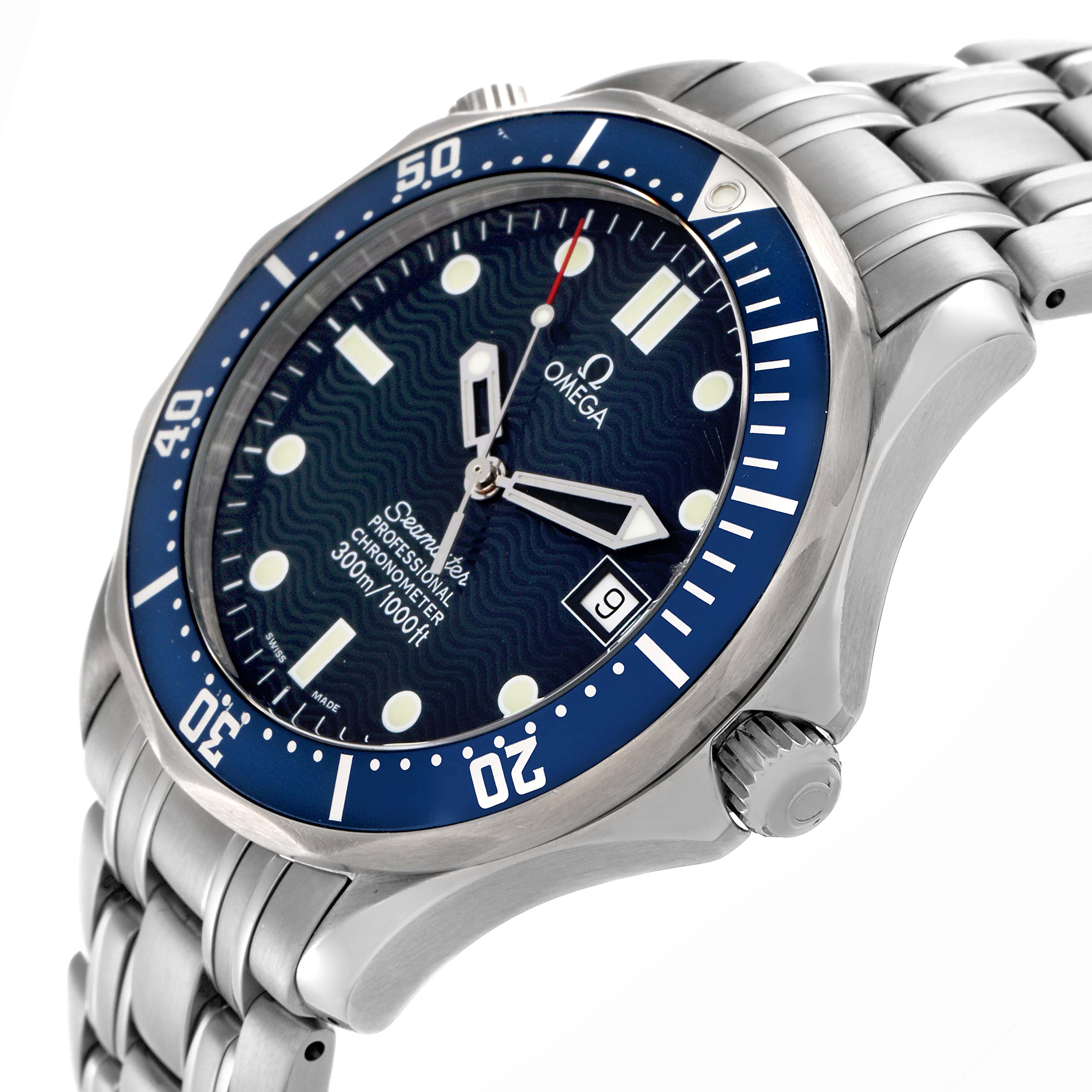 The Omega Seamaster 2531.80.00 Men
s Stainless Steel Blue Dial 2531.80.00 Men
s Stainless Steel Blue Dial watch is shown at a slight angle highlighting the face, bezel, crown, and stainless steel bracelet.
