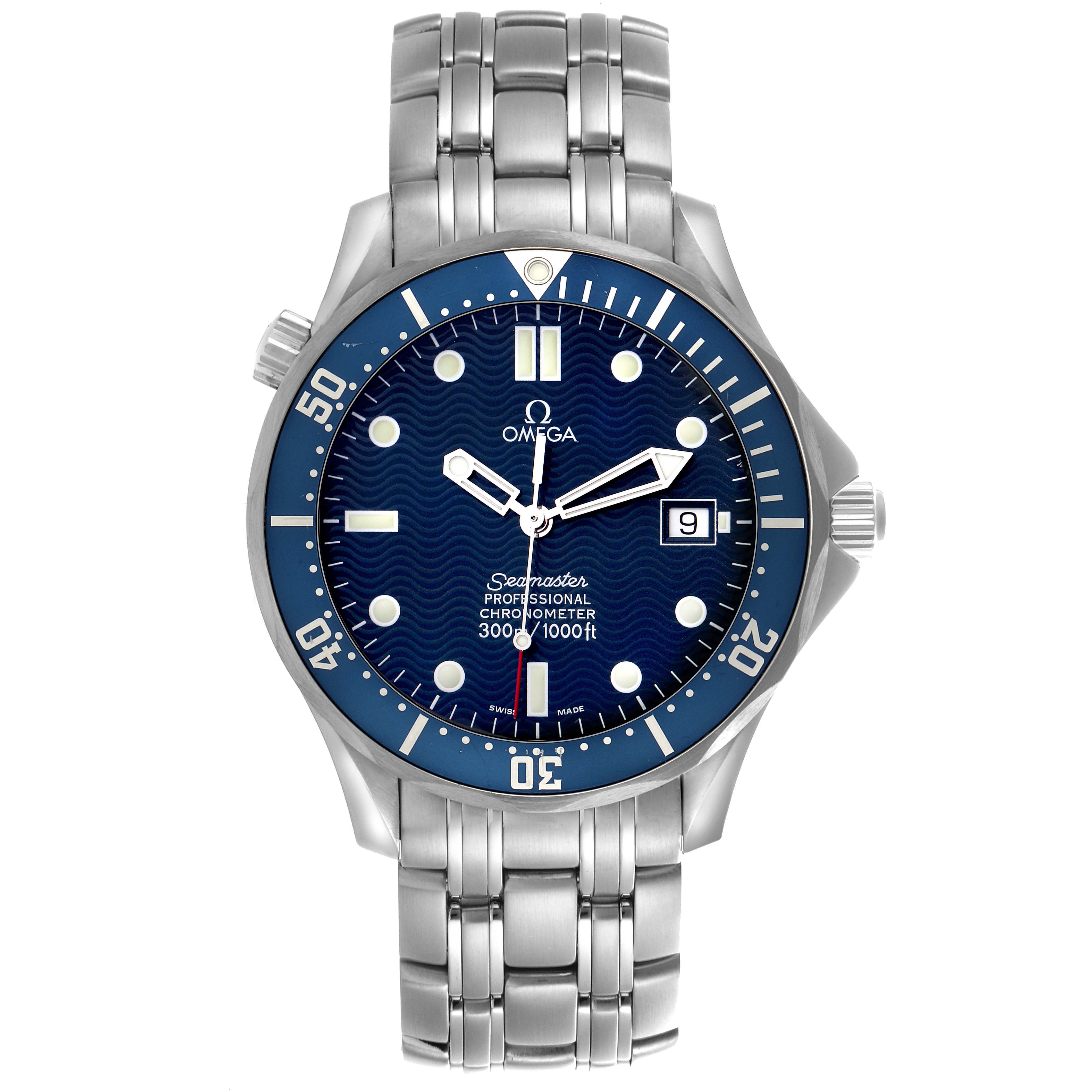 The Omega Seamaster 2531.80.00 Men
s Stainless Steel Blue Dial 2531.80.00 Men
s Stainless Steel Blue Dial watch is shown from a top view, highlighting its dial, bezel, case, bracelet, and crown.