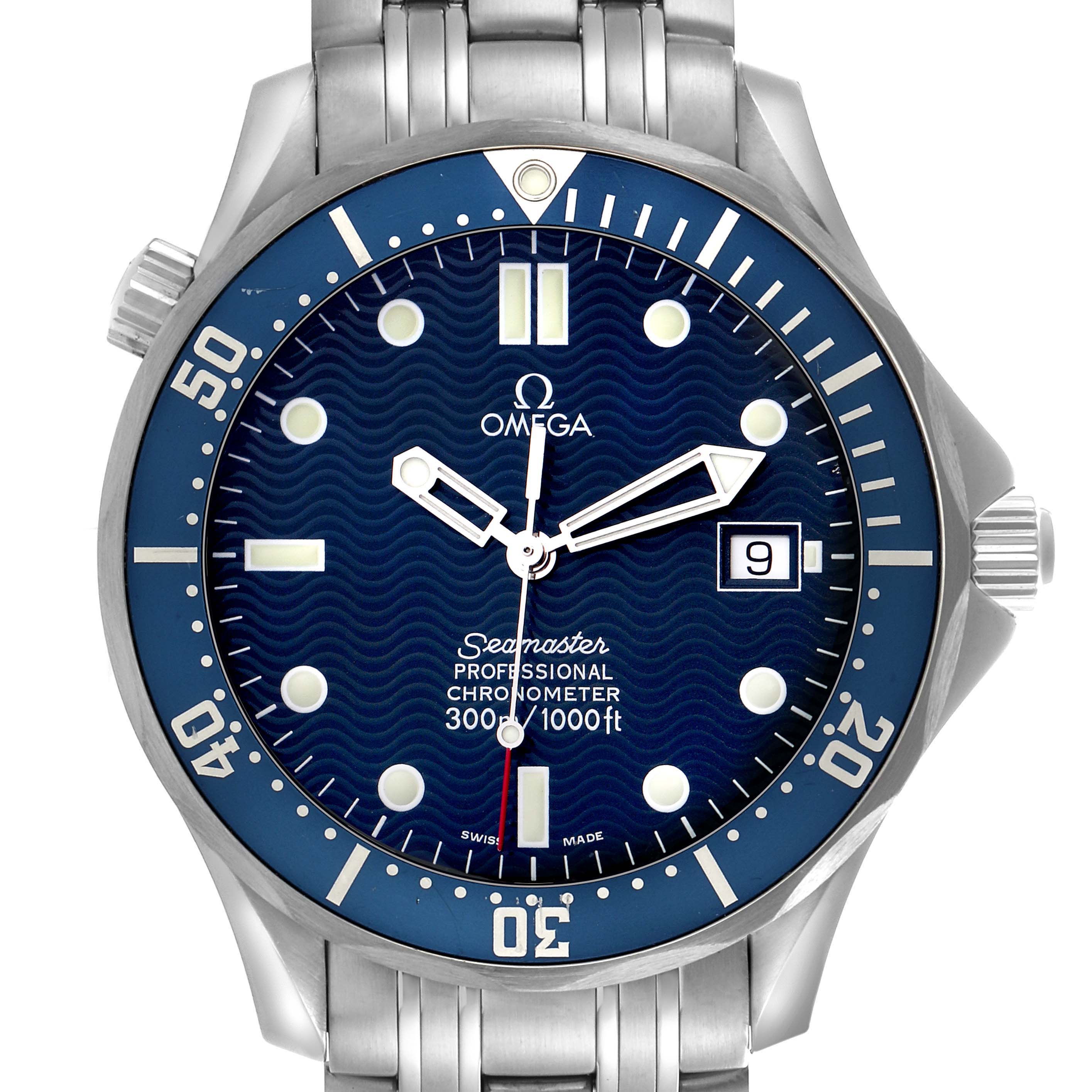 The Omega Seamaster 2531.80.00 Men
s Stainless Steel Blue Dial 2531.80.00 Men
s Stainless Steel Blue Dial watch is shown from the front, highlighting the dial, bezel, hands, markers, and part of the bracelet.