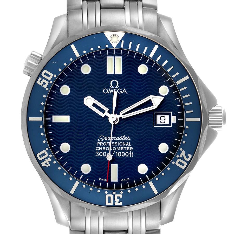 The Omega Seamaster watch is shown from the front, highlighting the dial, bezel, hands, markers, and part of the bracelet.
