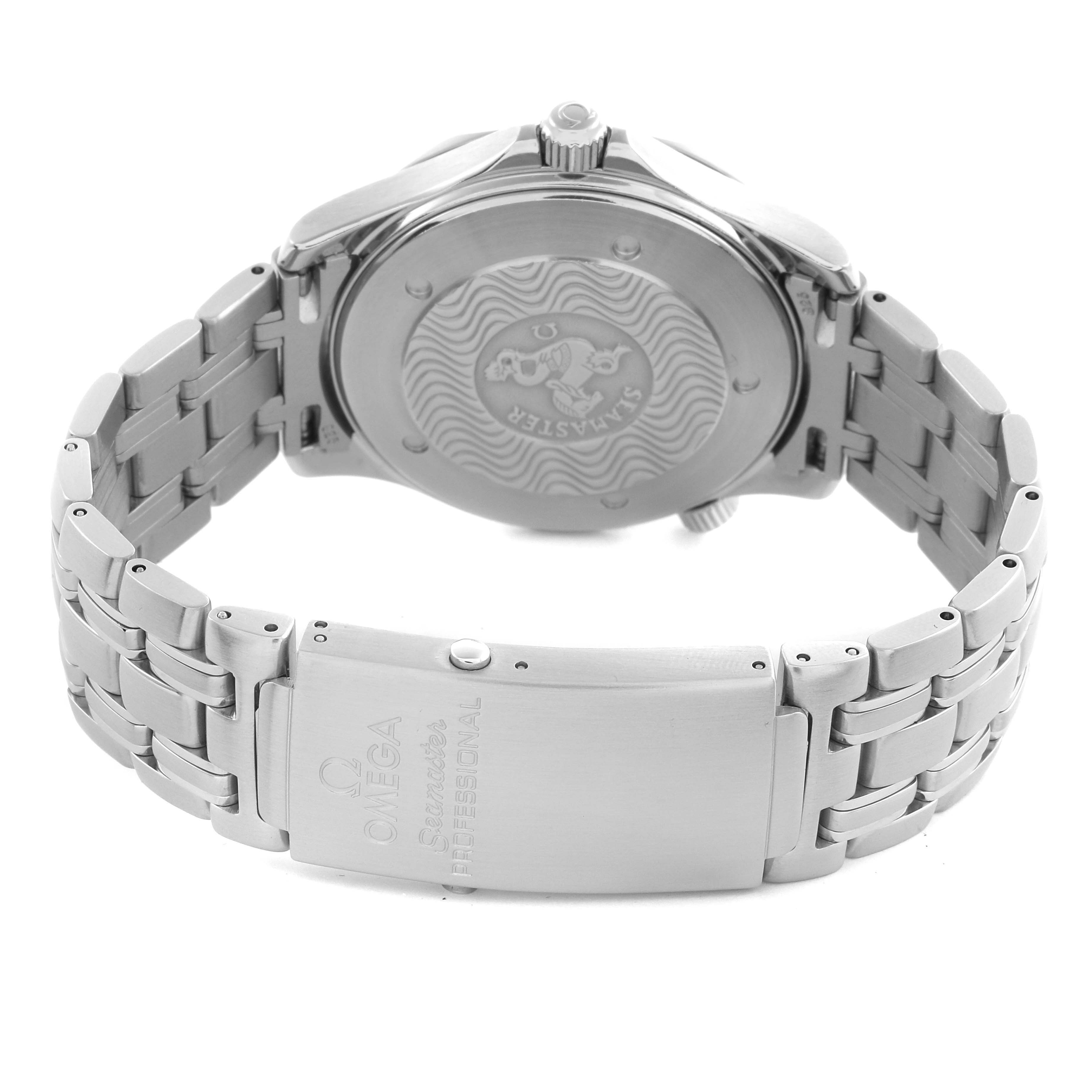 The Omega Seamaster 2531.80.00 Men
s Stainless Steel Blue Dial 2531.80.00 Men
s Stainless Steel Blue Dial watch is shown from the back, highlighting the case back and bracelet clasp.