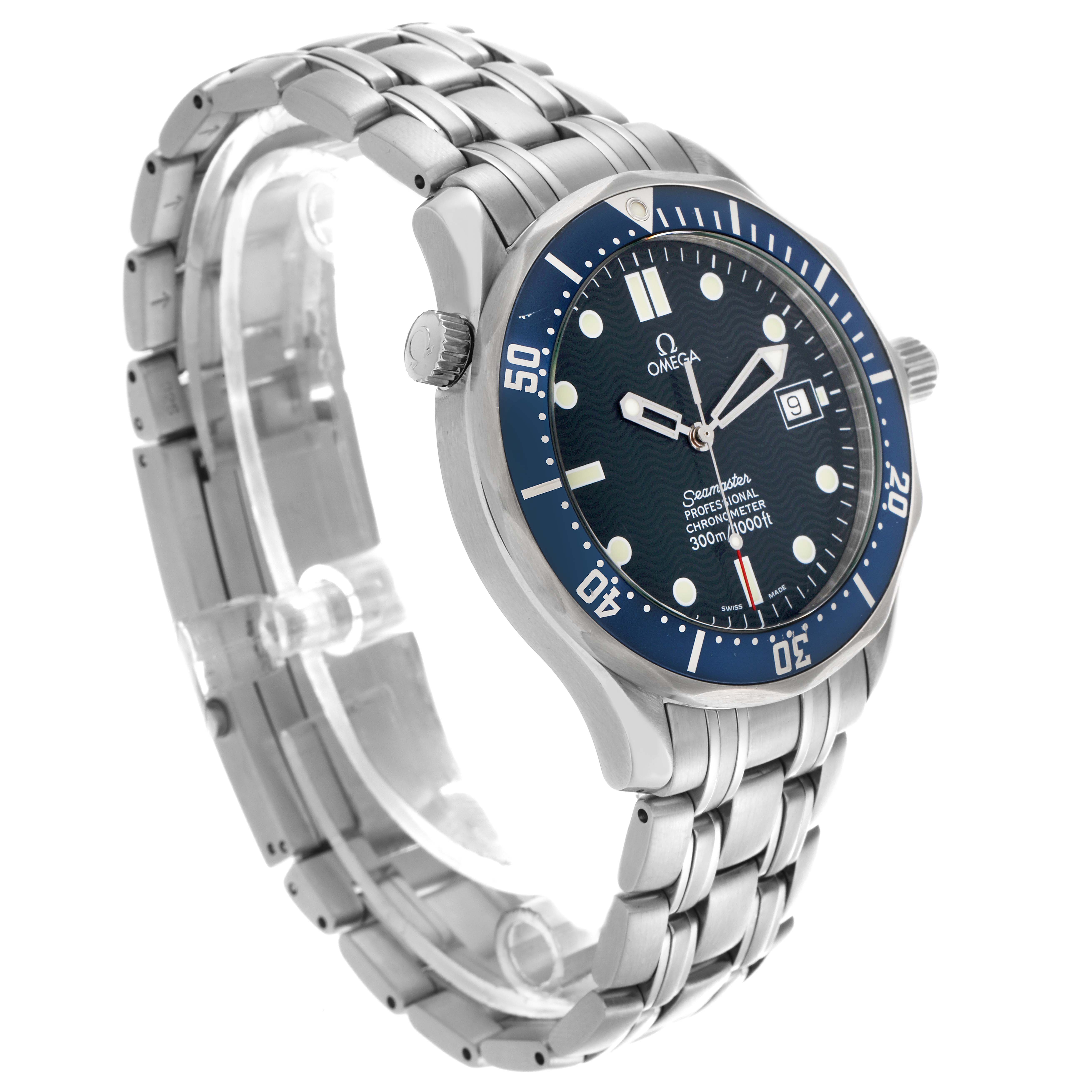 The Omega Seamaster 2531.80.00 Men
s Stainless Steel Blue Dial 2531.80.00 Men
s Stainless Steel Blue Dial watch is shown at a three-quarter angle, displaying its face, bezel, and metal bracelet.