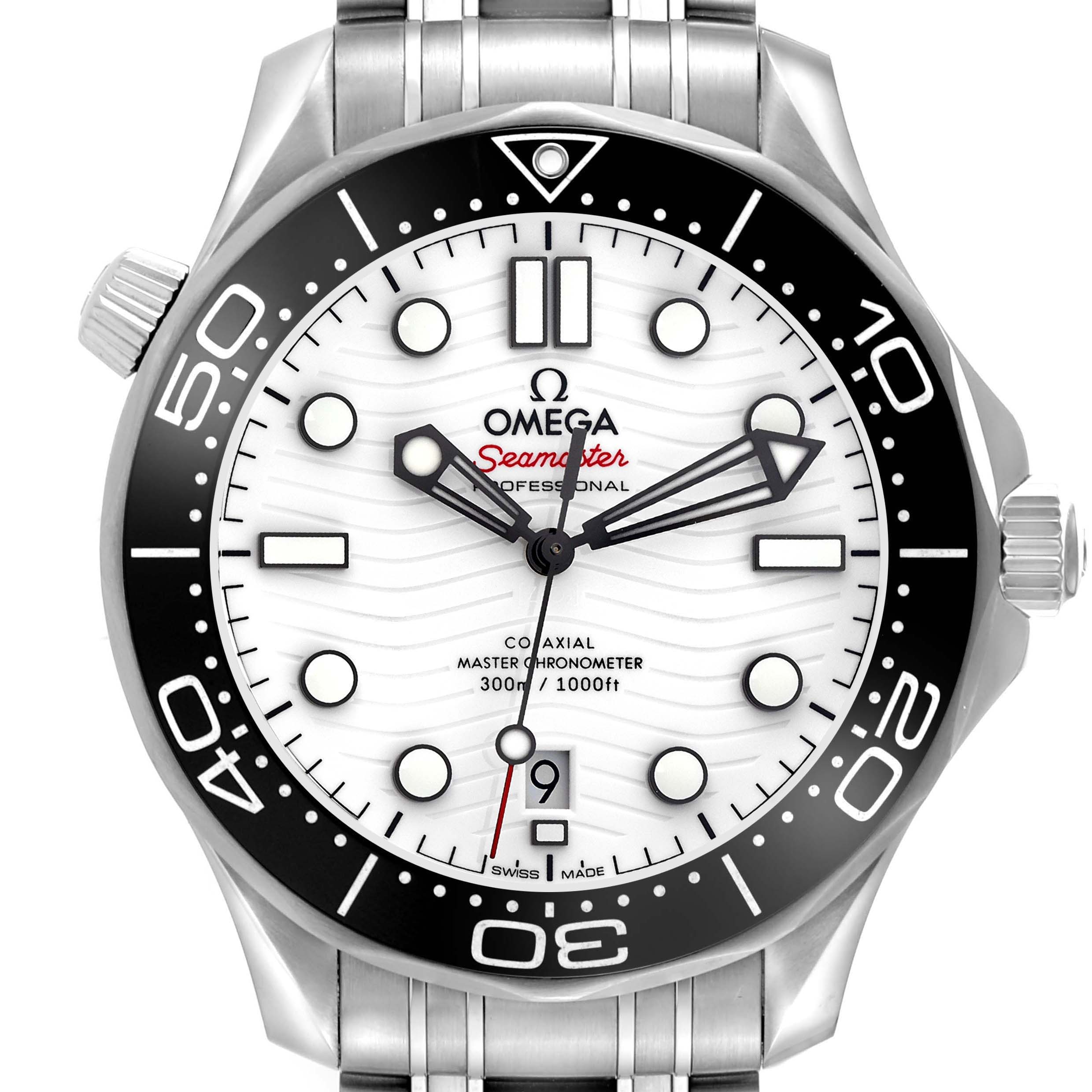 The image shows a front view of the Omega Seamaster 210.30.42.20.04.001 Men
s Stainless Steel White Dial 210.30.42.20.04.001 Men
s Stainless Steel White Dial watch, highlighting the dial, bezel, case, and bracelet.