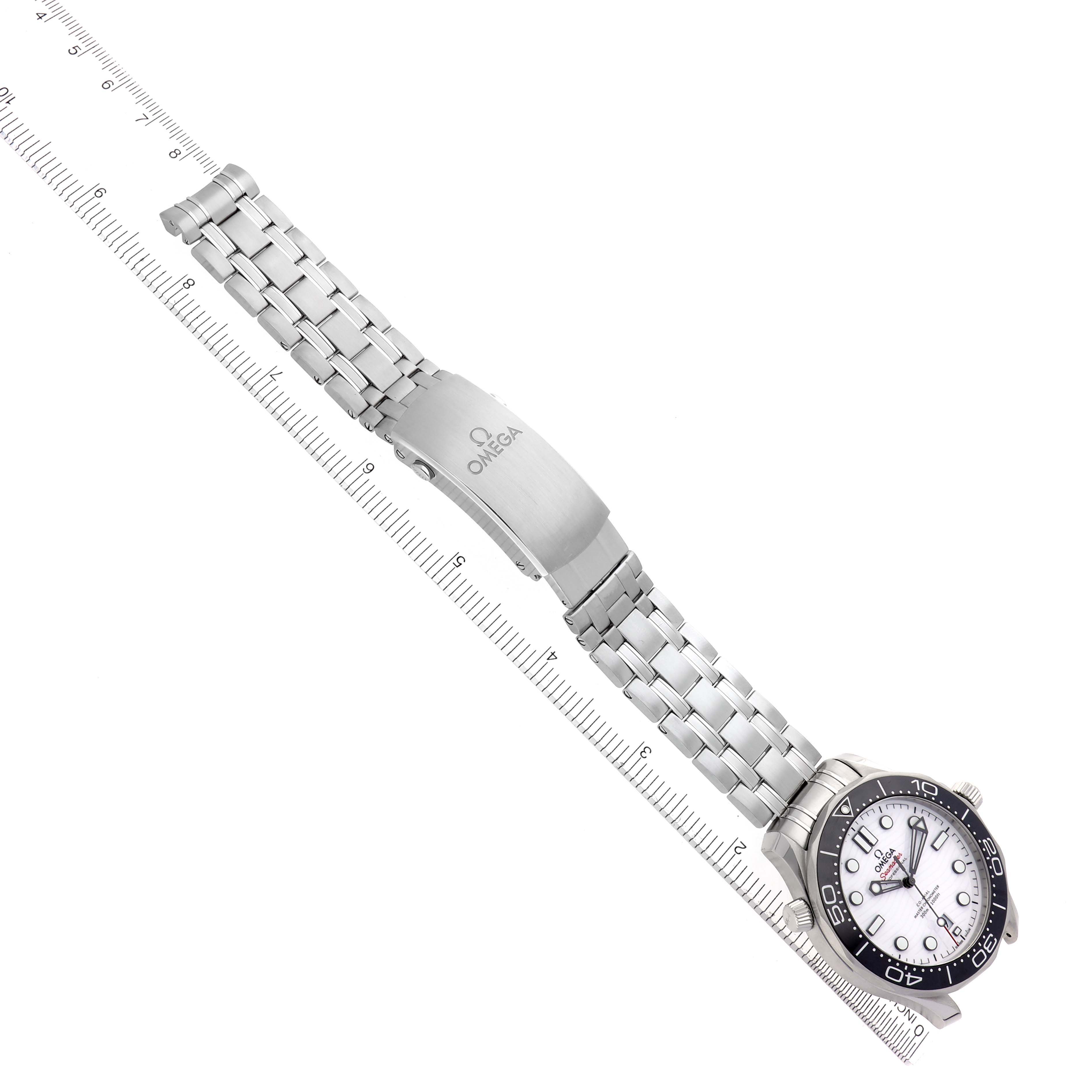 The Omega Seamaster 210.30.42.20.04.001 Men
s Stainless Steel White Dial 210.30.42.20.04.001 Men
s Stainless Steel White Dial watch is shown in a diagonal angle, highlighting the bracelet and bezel.