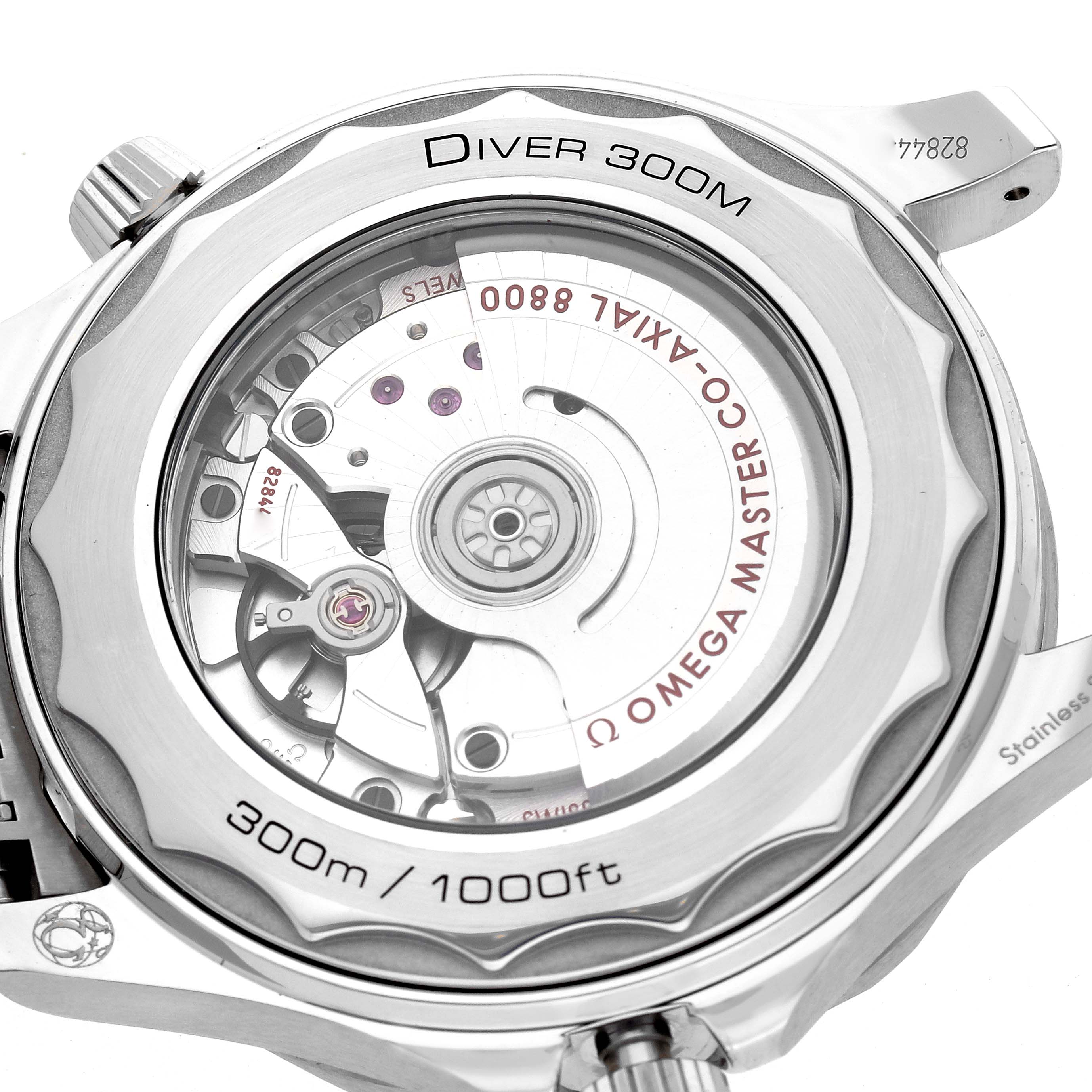 The image shows the back view of an Omega Seamaster 210.30.42.20.04.001 Men
s Stainless Steel White Dial 210.30.42.20.04.001 Men
s Stainless Steel White Dial, highlighting the movement and transparent case back.