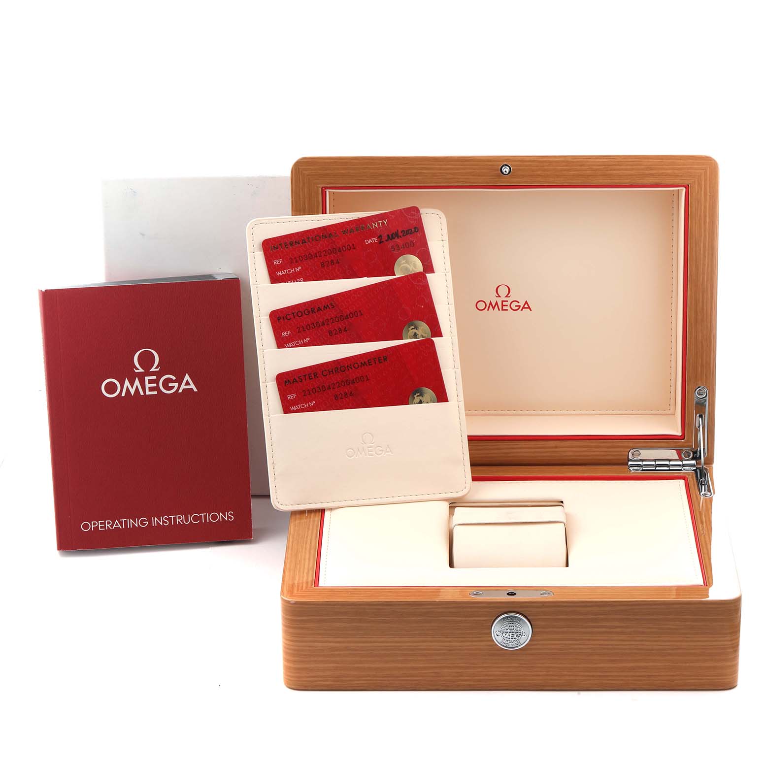 The image shows the Omega Seamaster 210.30.42.20.04.001 Men
s Stainless Steel White Dial 210.30.42.20.04.001 Men
s Stainless Steel White Dial watch box, instruction booklet, warranty cards, and cardholder from a front angle.