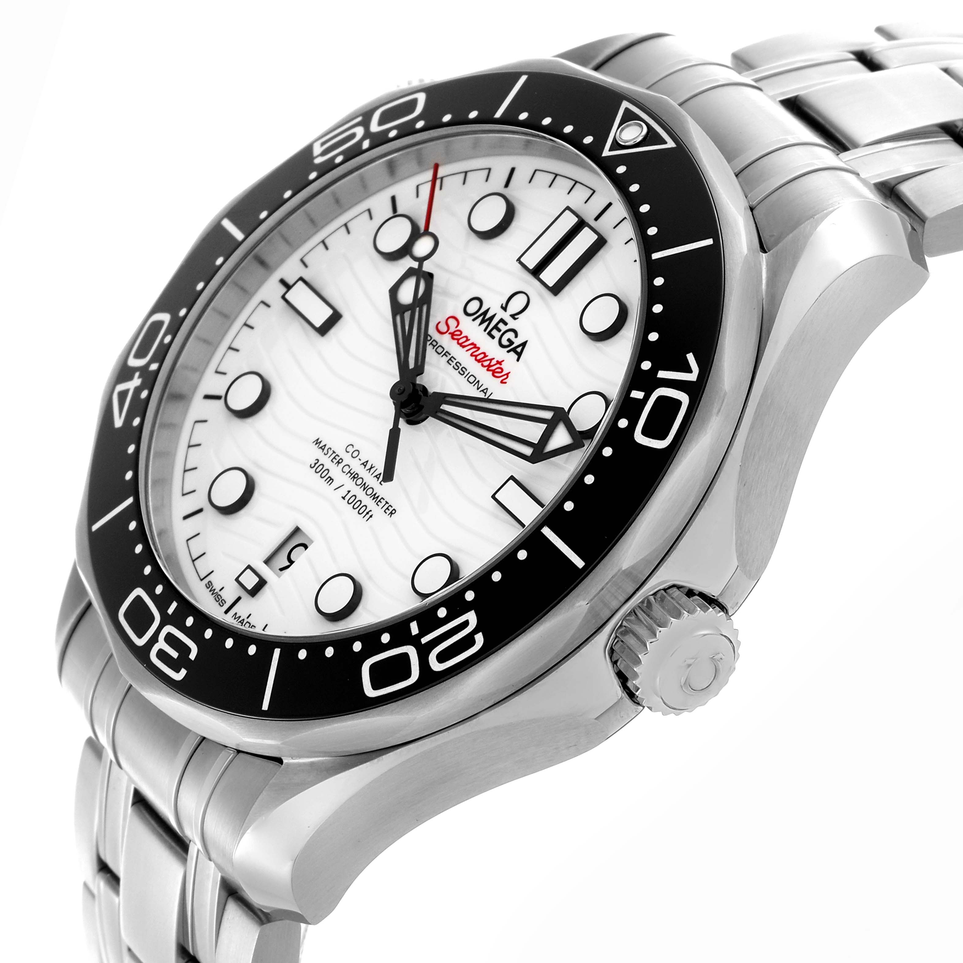 The Omega Seamaster 210.30.42.20.04.001 Men
s Stainless Steel White Dial 210.30.42.20.04.001 Men
s Stainless Steel White Dial watch is shown at a slight angle, highlighting the bezel, crown, dial, and stainless steel bracelet.