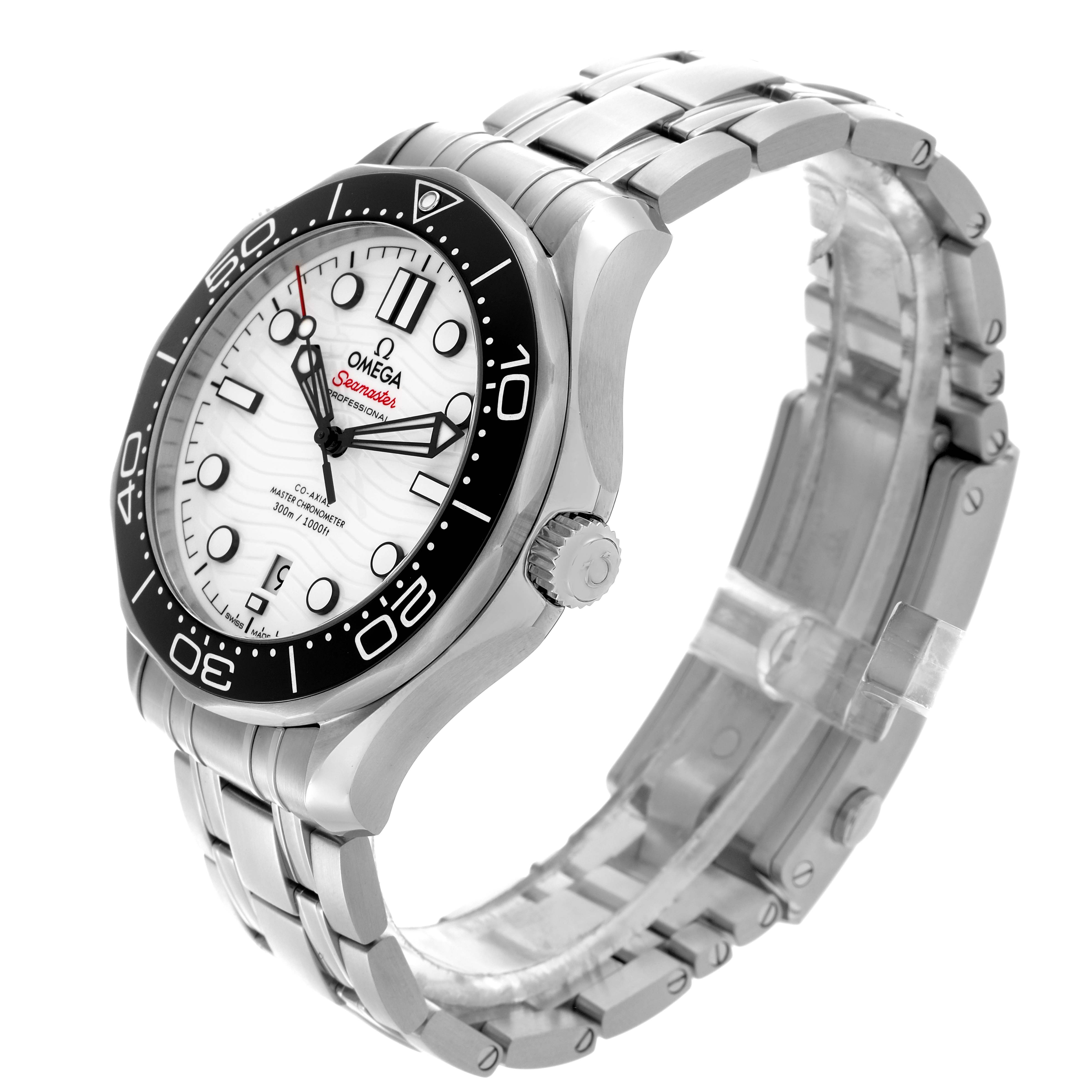The Omega Seamaster 210.30.42.20.04.001 Men
s Stainless Steel White Dial 210.30.42.20.04.001 Men
s Stainless Steel White Dial watch is shown at a three-quarter angle, highlighting the dial, bezel, crown, and stainless steel bracelet.