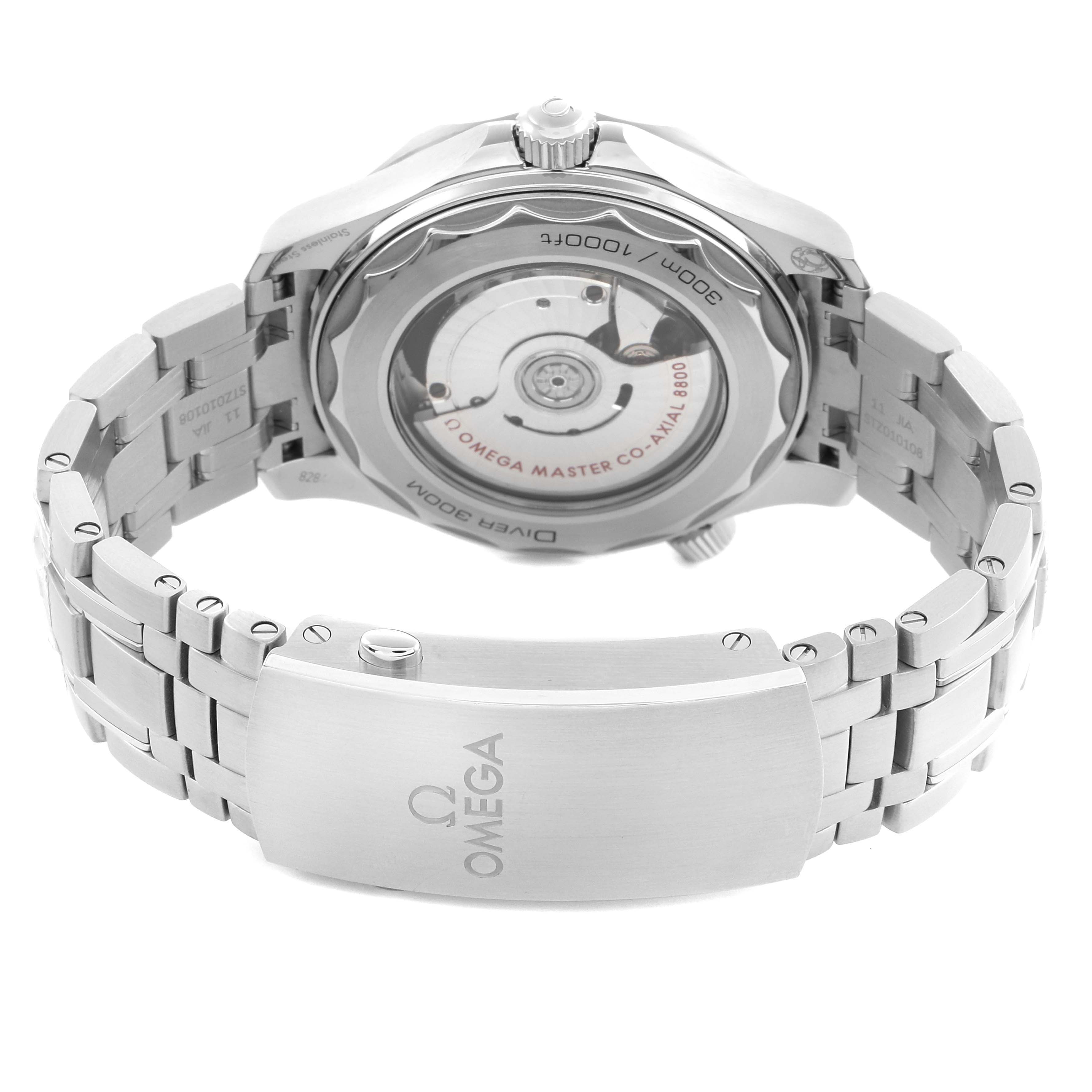 The Omega Seamaster 210.30.42.20.04.001 Men
s Stainless Steel White Dial 210.30.42.20.04.001 Men
s Stainless Steel White Dial watch is shown from the back, highlighting the exhibition case back and metal bracelet clasp.