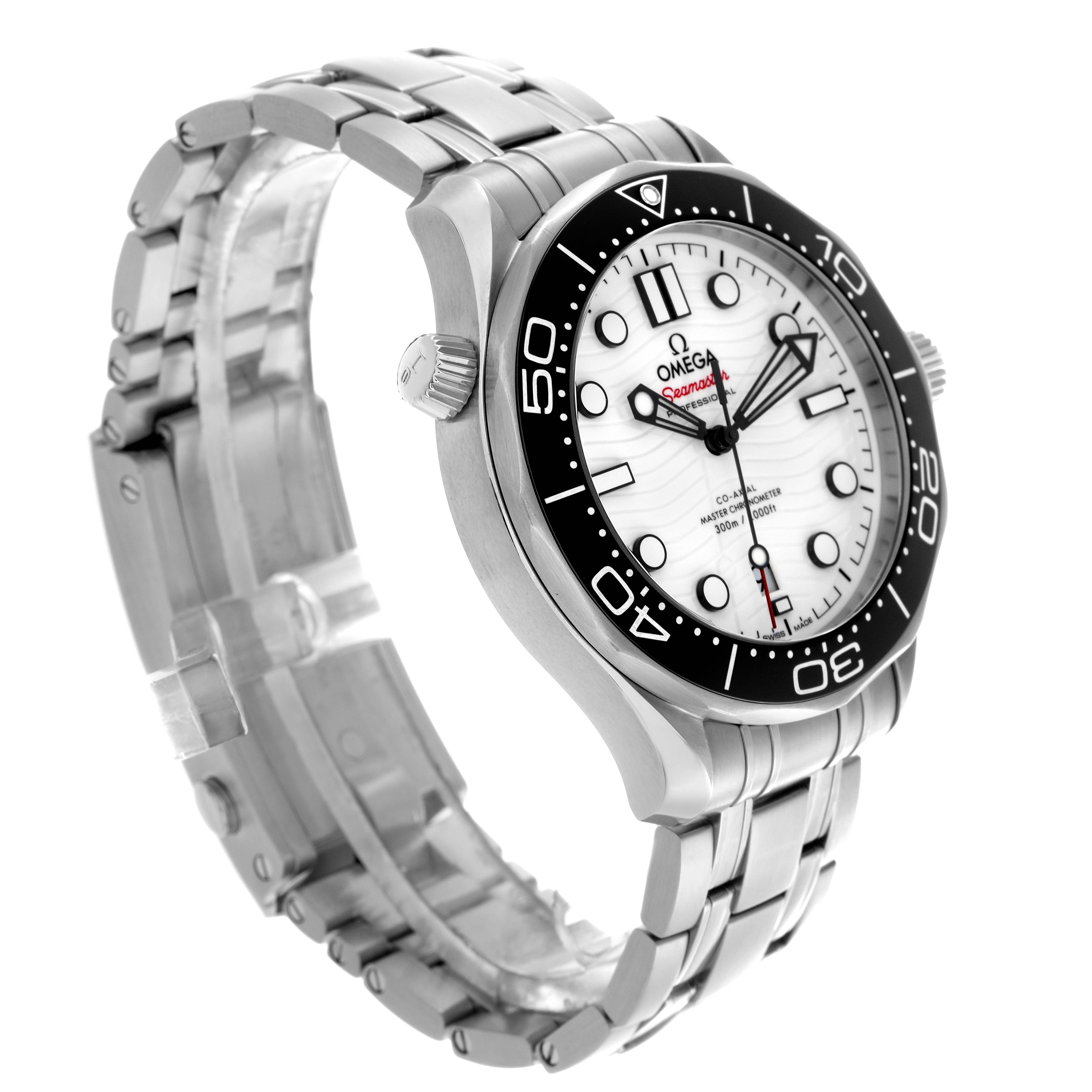 The Omega Seamaster 210.30.42.20.04.001 Men
s Stainless Steel White Dial 210.30.42.20.04.001 Men
s Stainless Steel White Dial watch is shown from a three-quarter angle, displaying the white dial, bezel, crown, and stainless steel bracelet.