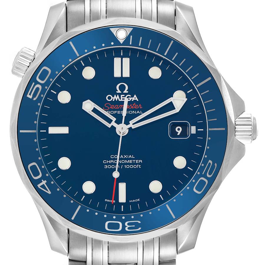 The Omega Seamaster watch is shown from a front view, detailing the blue dial, bezel, hands, and date window.